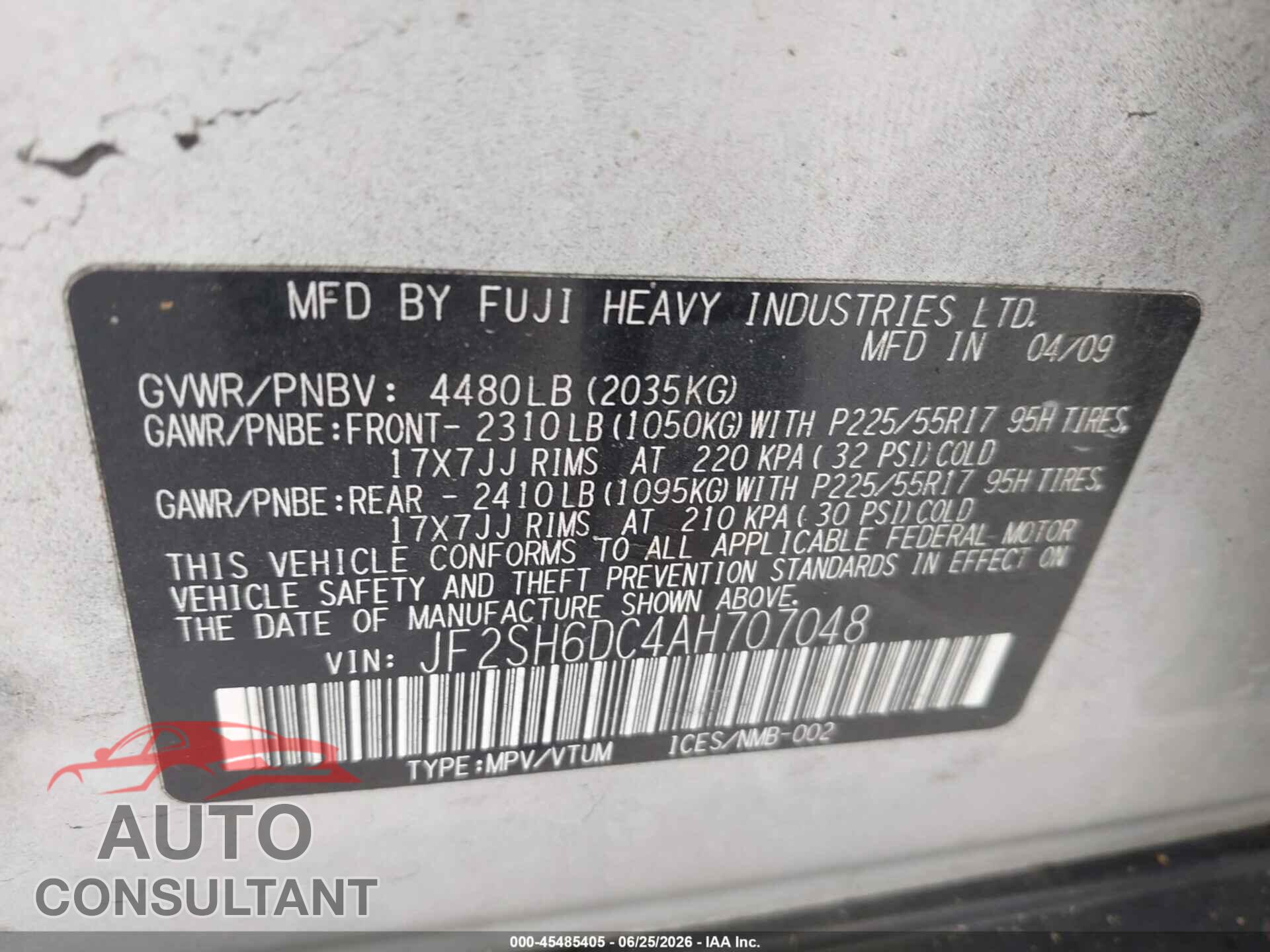 SUBARU FORESTER 2010 - JF2SH6DC4AH707048