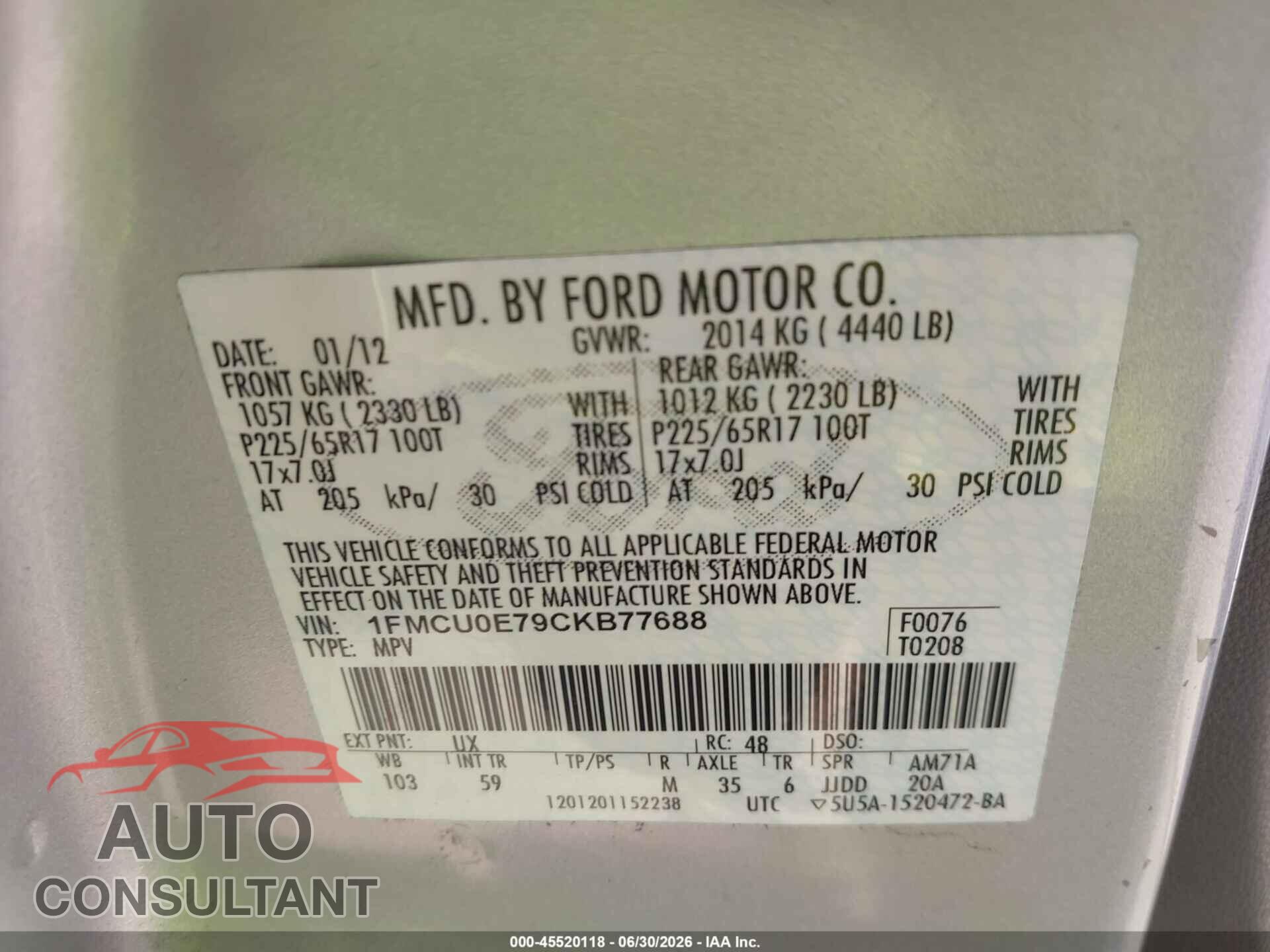 FORD ESCAPE 2012 - 1FMCU0E79CKB77688