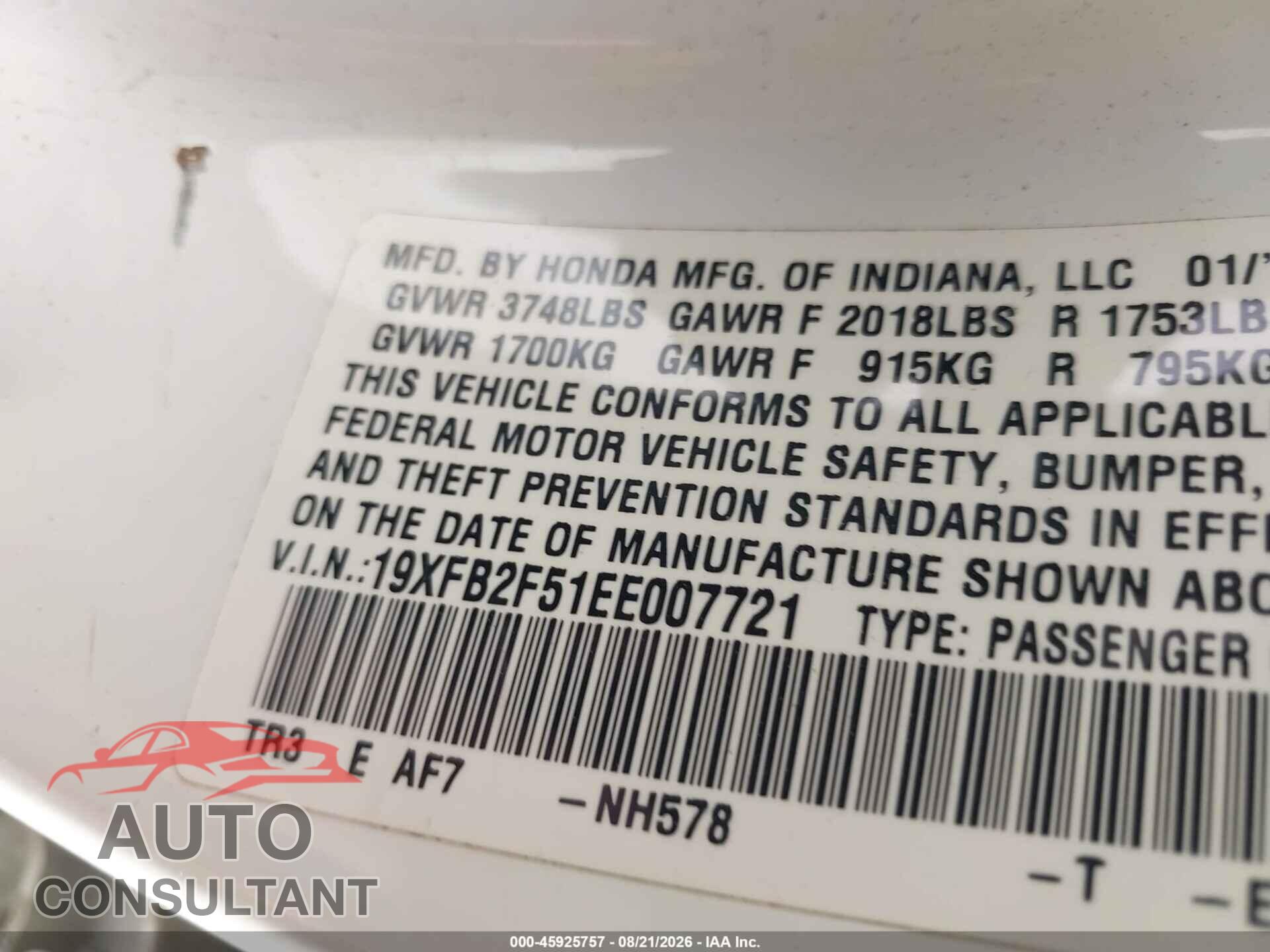 HONDA CIVIC 2014 - 19XFB2F51EE007721