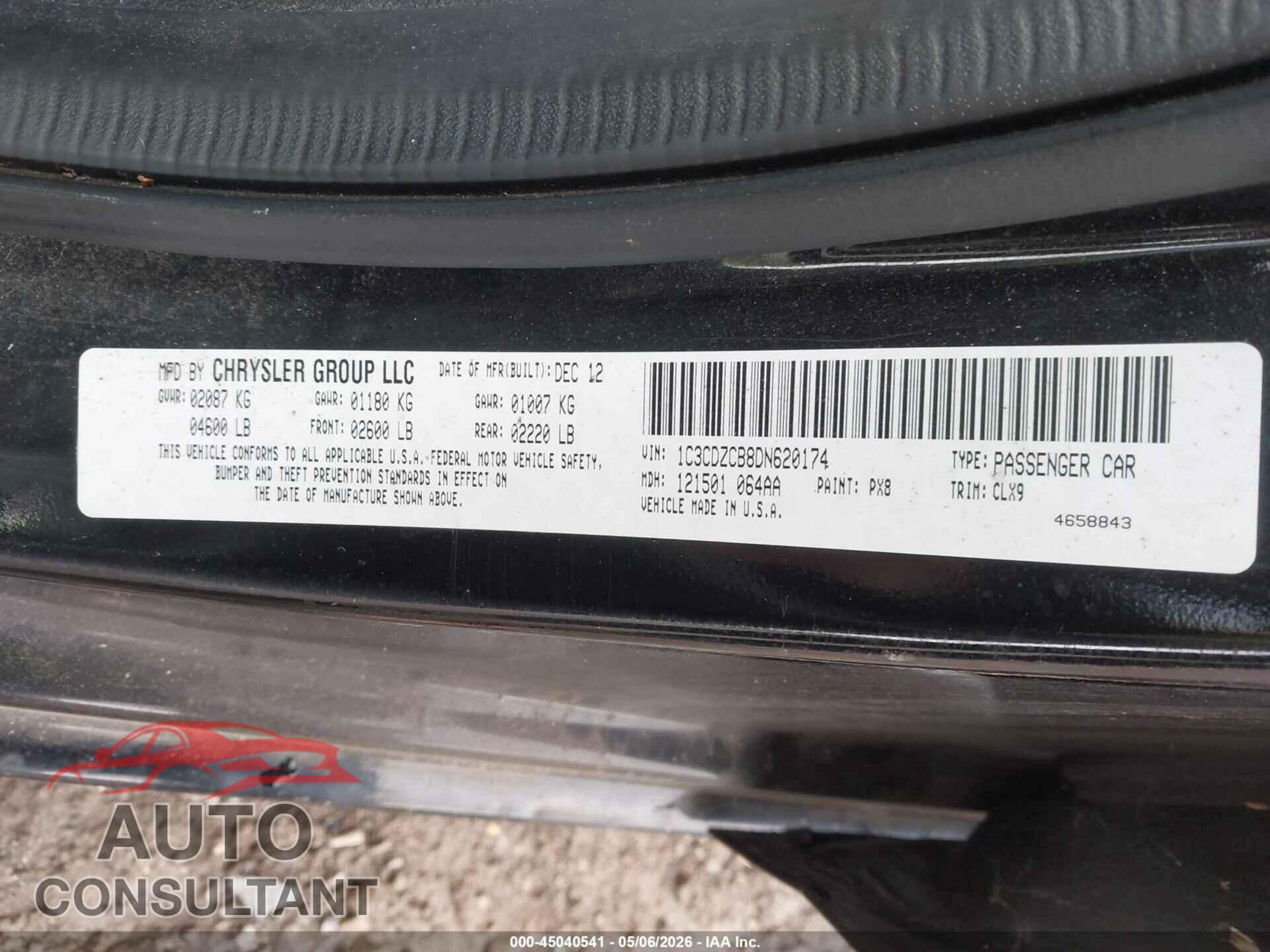 DODGE AVENGER 2013 - 1C3CDZCB8DN620174