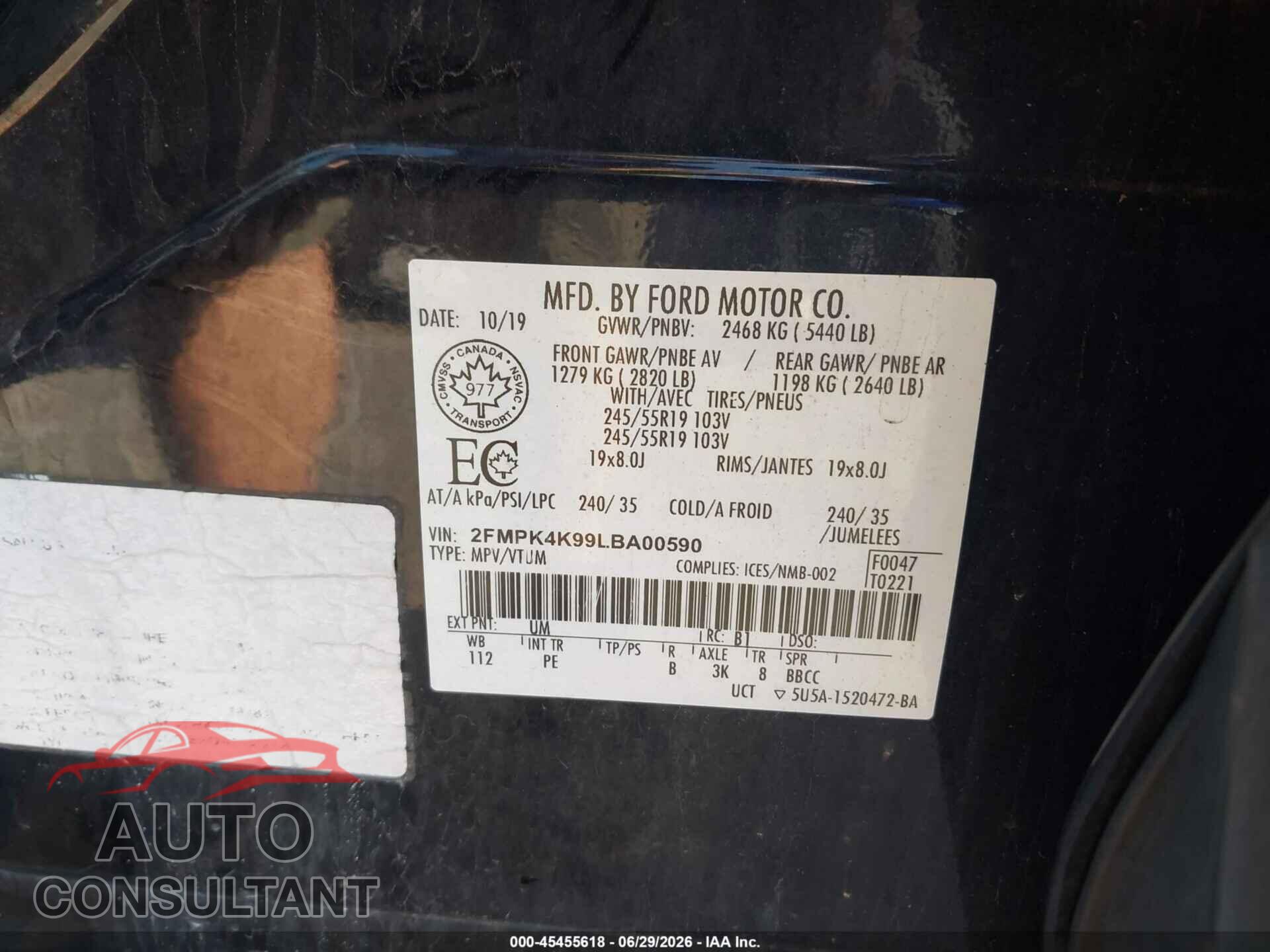 FORD EDGE 2020 - 2FMPK4K99LBA00590