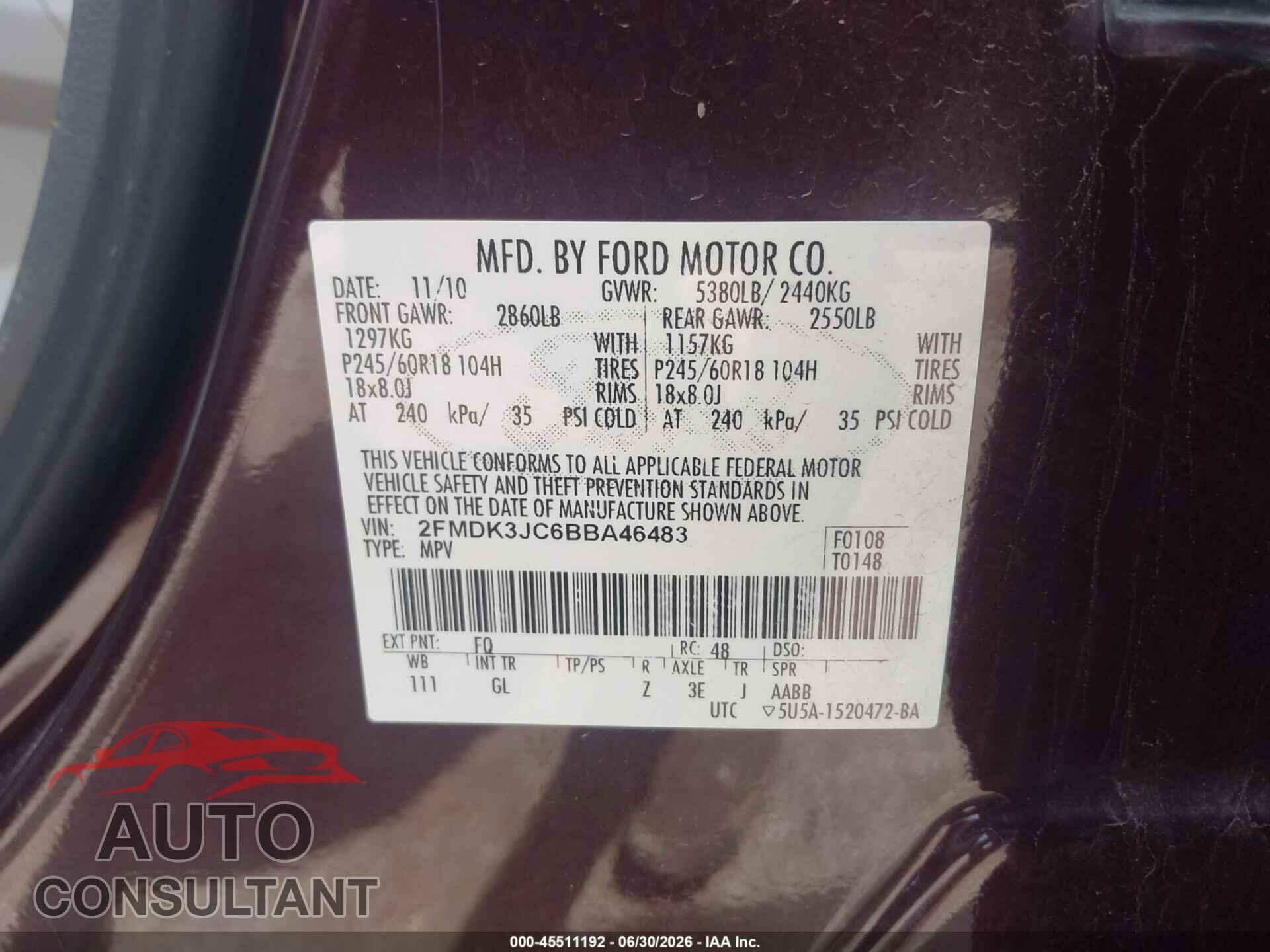 FORD EDGE 2011 - 2FMDK3JC6BBA46483