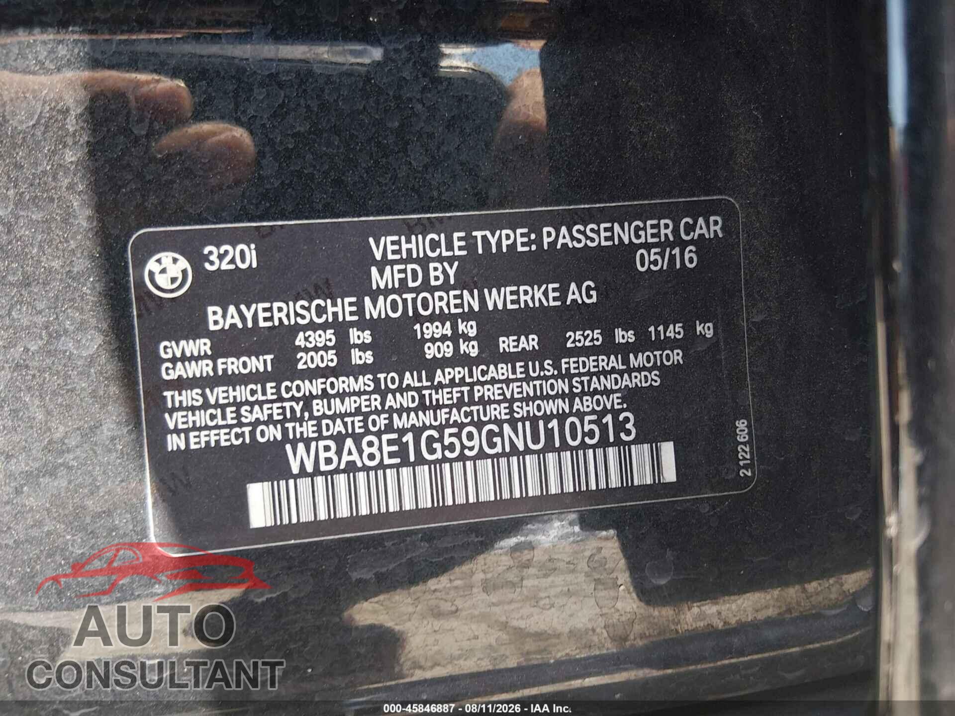 BMW 320I 2016 - WBA8E1G59GNU10513
