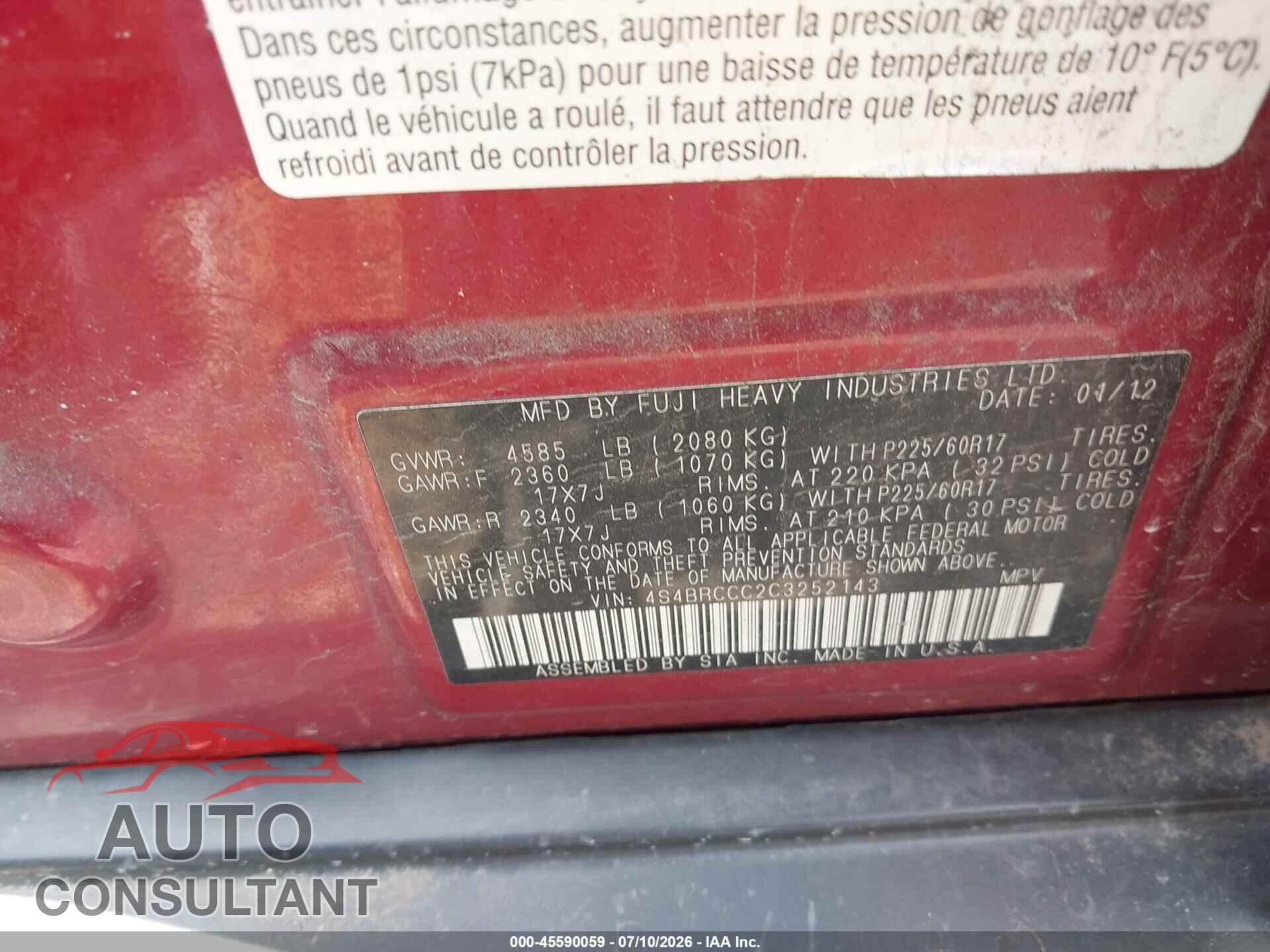 SUBARU OUTBACK 2012 - 4S4BRCCC2C3252143