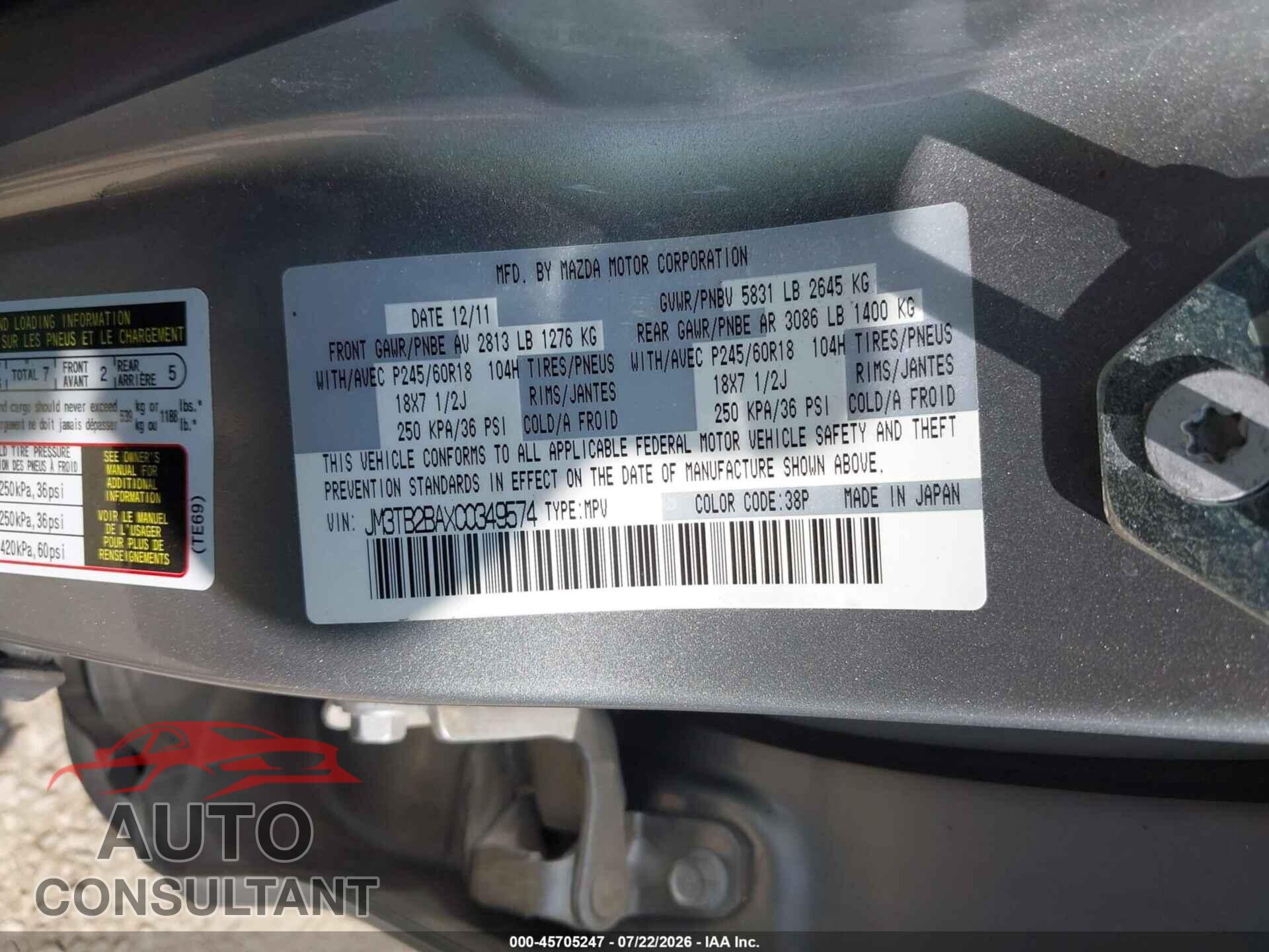 MAZDA CX-9 2012 - JM3TB2BAXC0349574