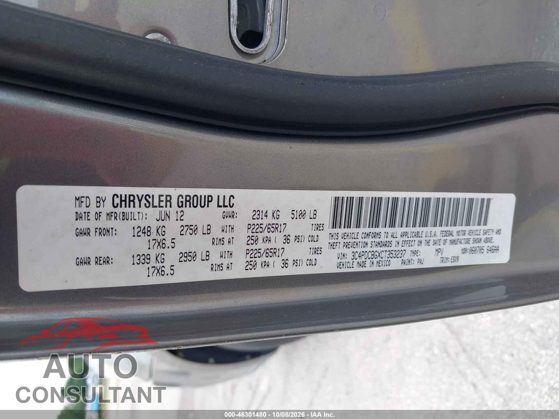 DODGE JOURNEY 2012 - 3C4PDCBGXCT353237