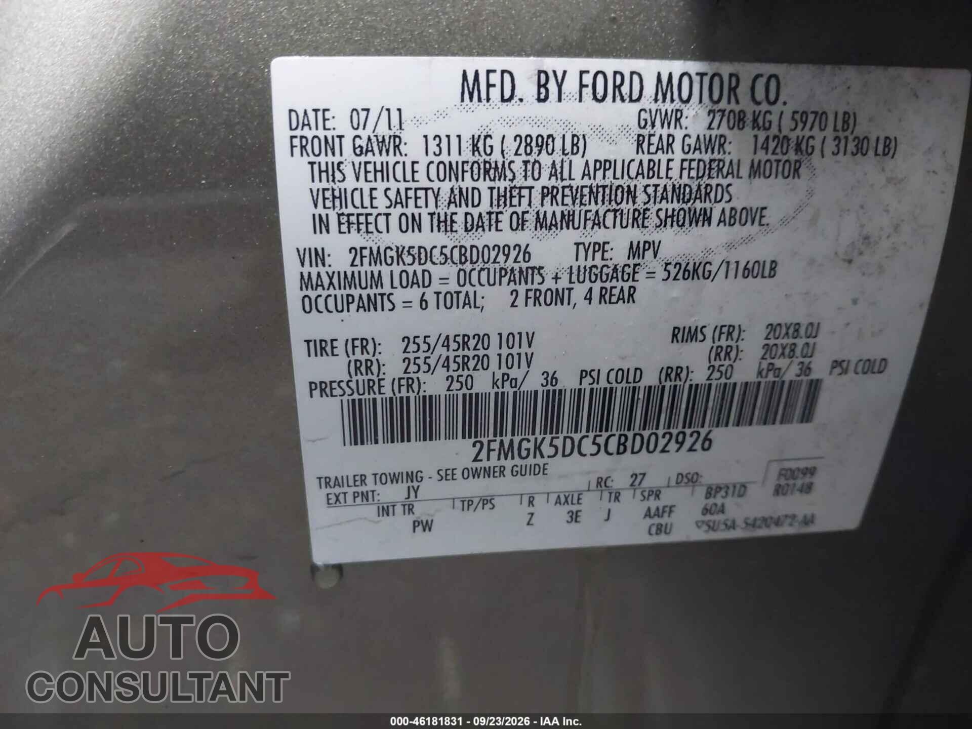 FORD FLEX 2012 - 2FMGK5DC5CBD02926