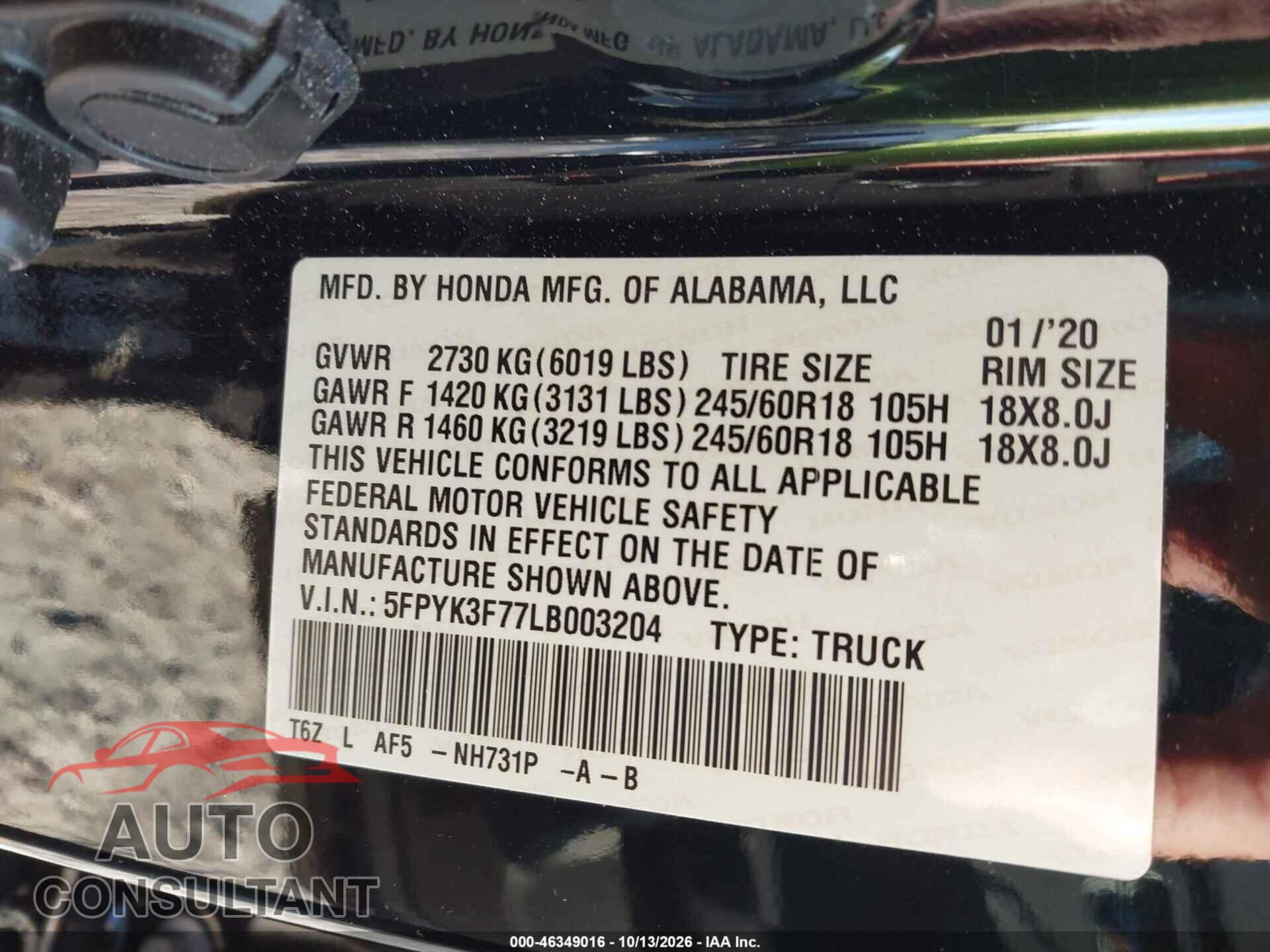HONDA RIDGELINE 2020 - 5FPYK3F77LB003204