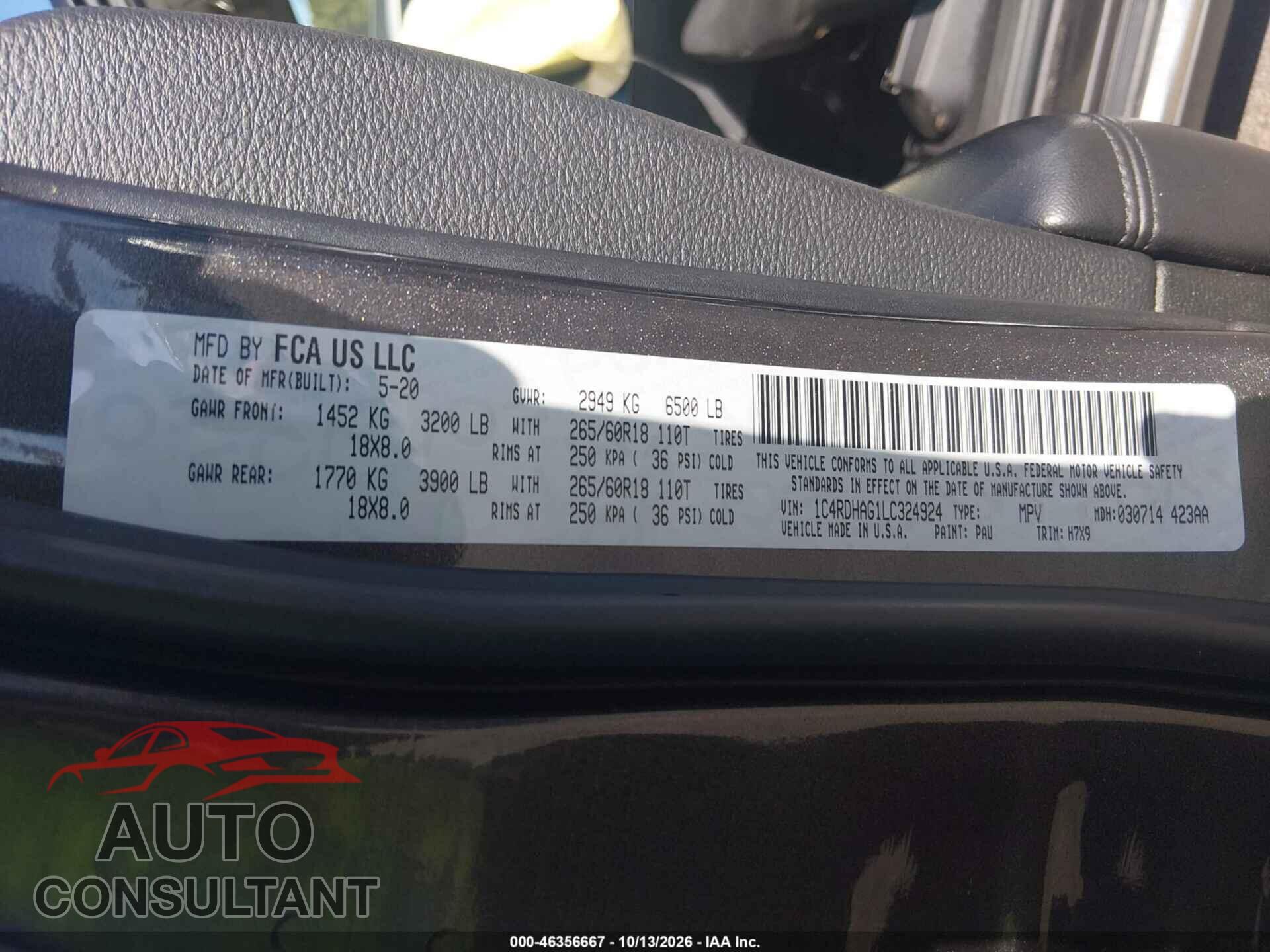 DODGE DURANGO 2020 - 1C4RDHAG1LC324924