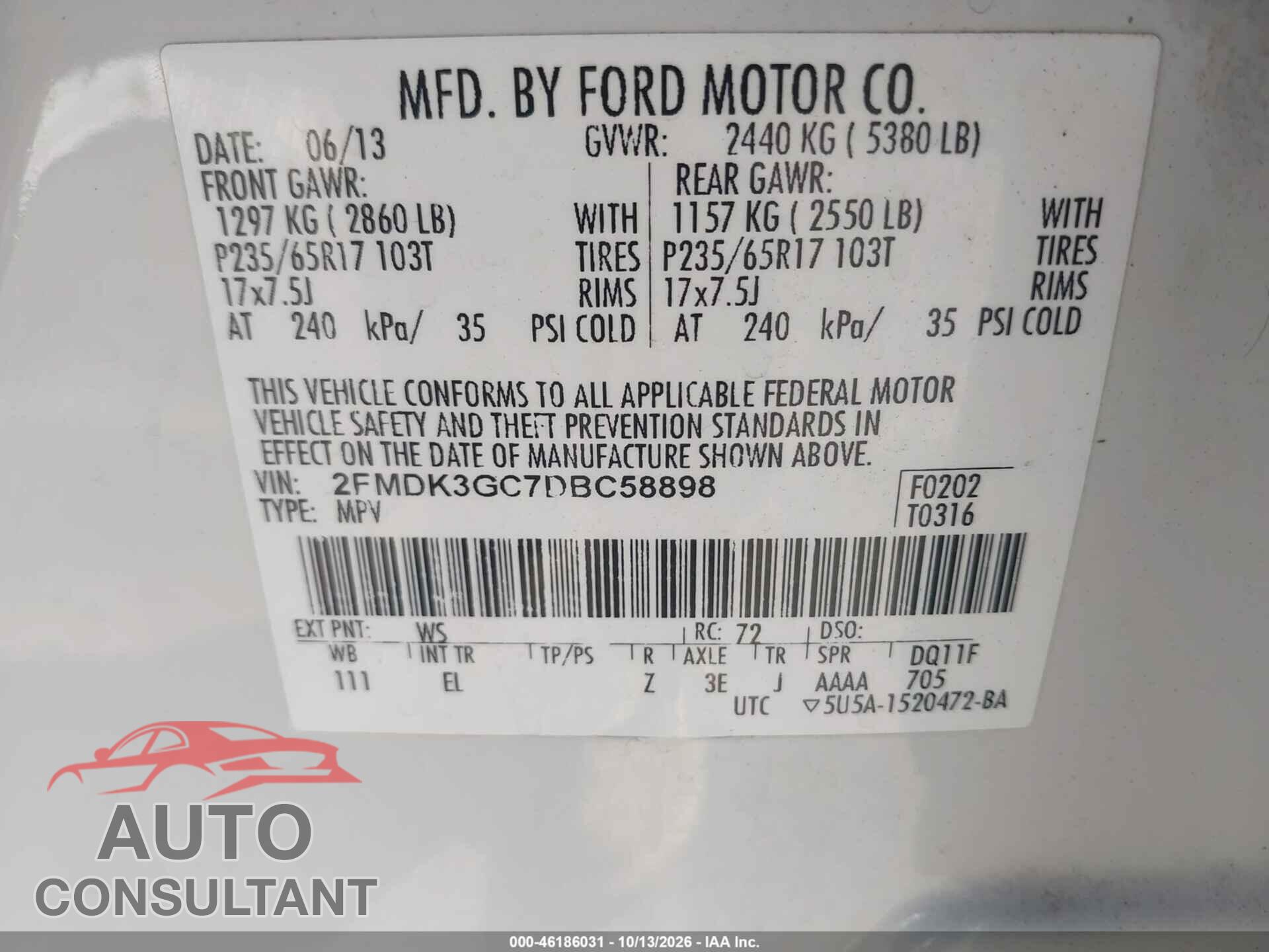 FORD EDGE 2013 - 2FMDK3GC7DBC58898
