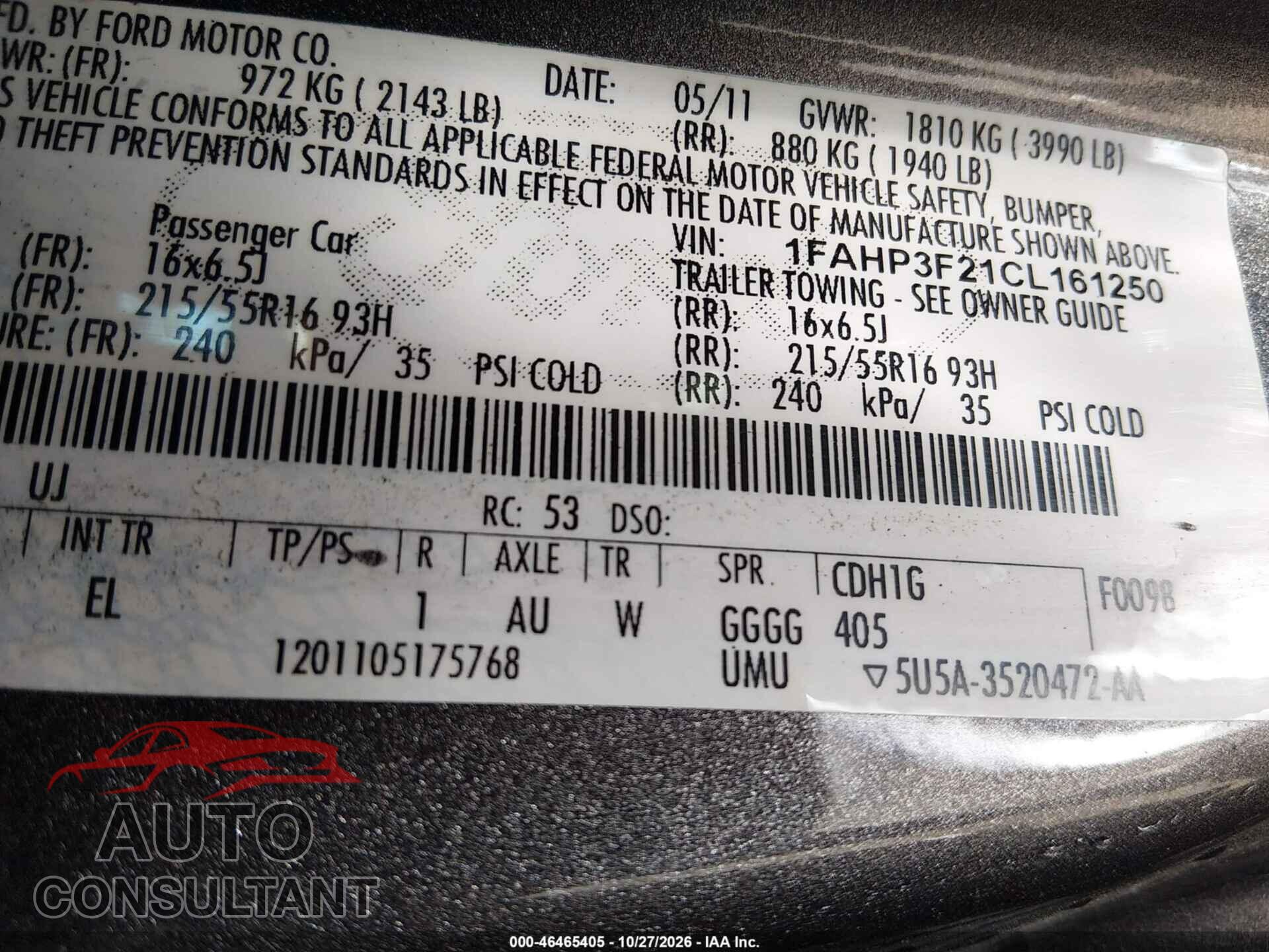 FORD FOCUS 2012 - 1FAHP3F21CL161250