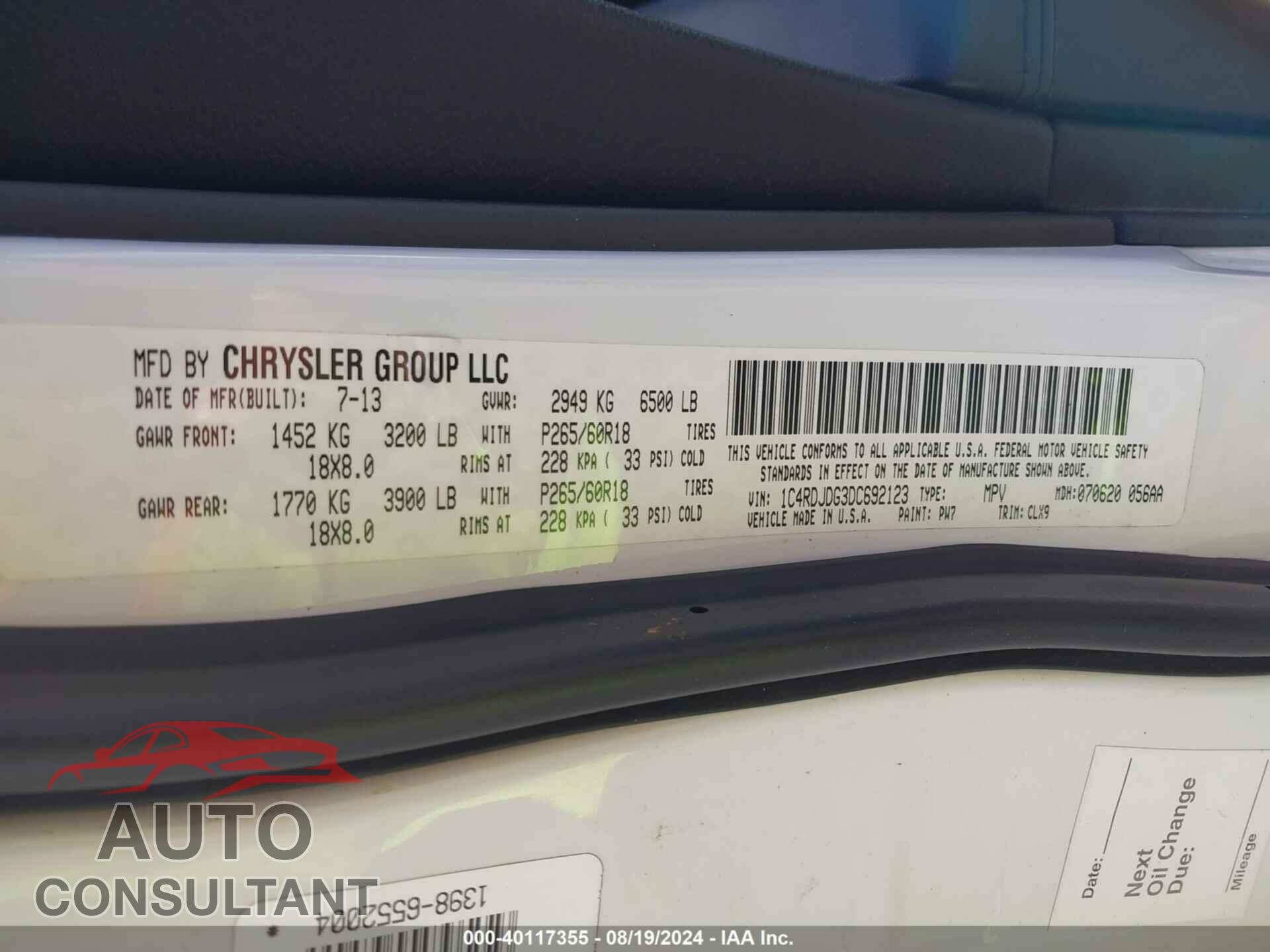 DODGE DURANGO 2013 - 1C4RDJDG3DC692123