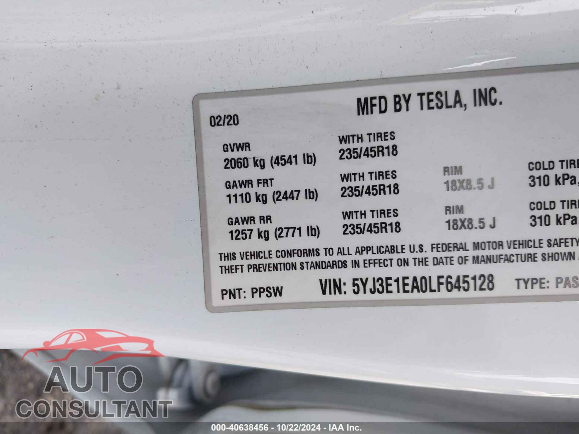 TESLA MODEL 3 2020 - 5YJ3E1EA0LF645128