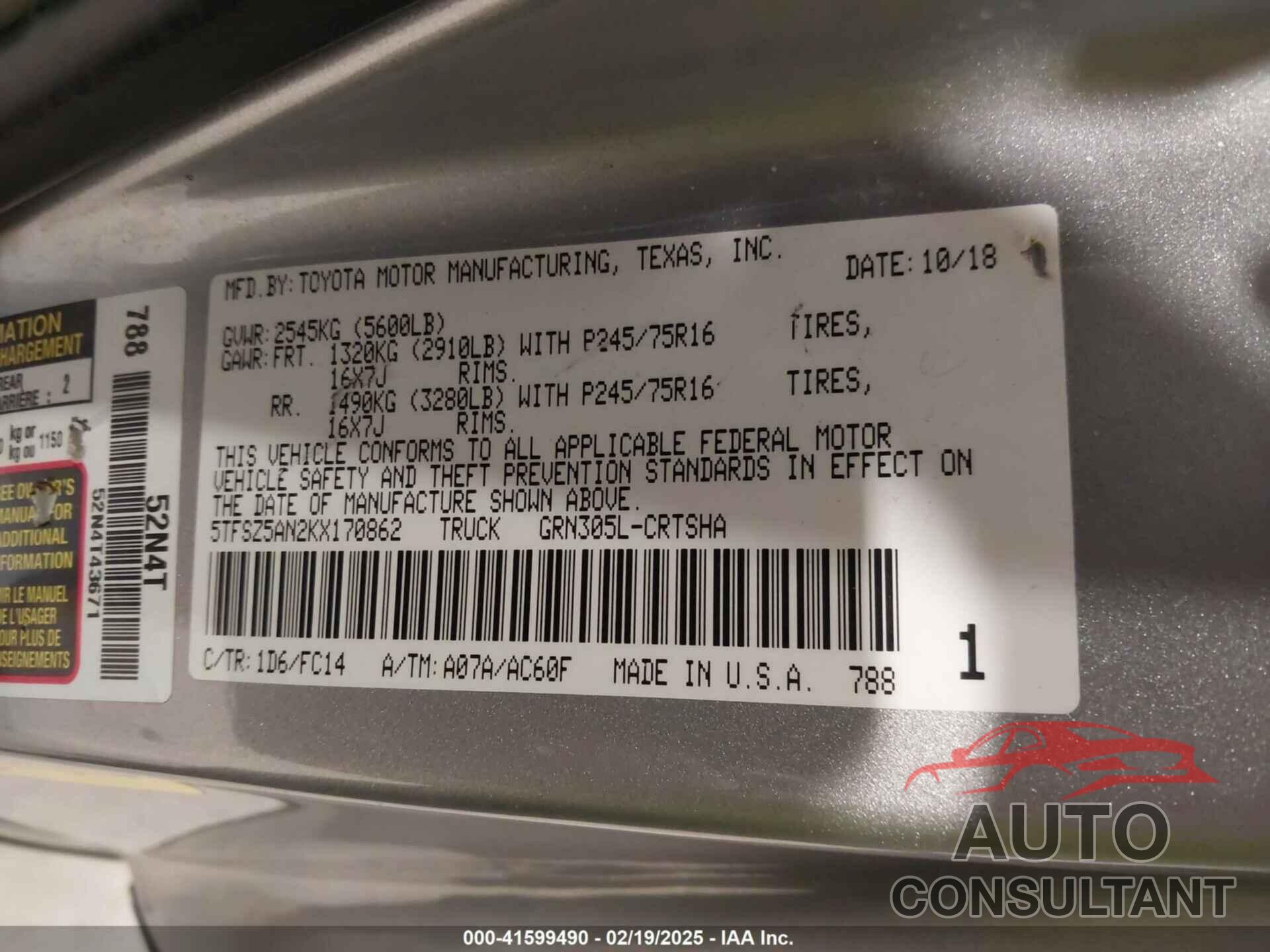TOYOTA TACOMA 2019 - 5TFSZ5AN2KX170862