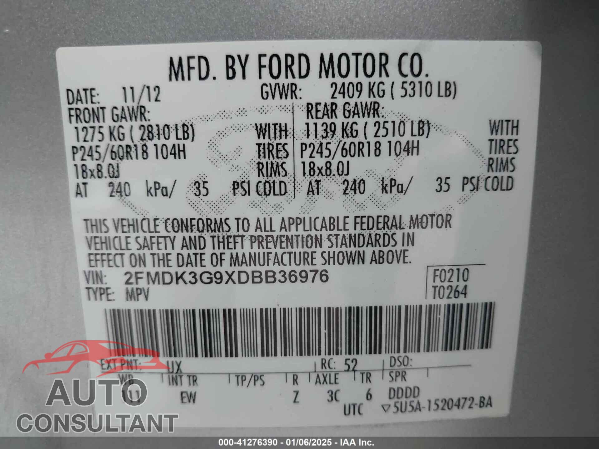 FORD EDGE 2013 - 2FMDK3G9XDBB36976