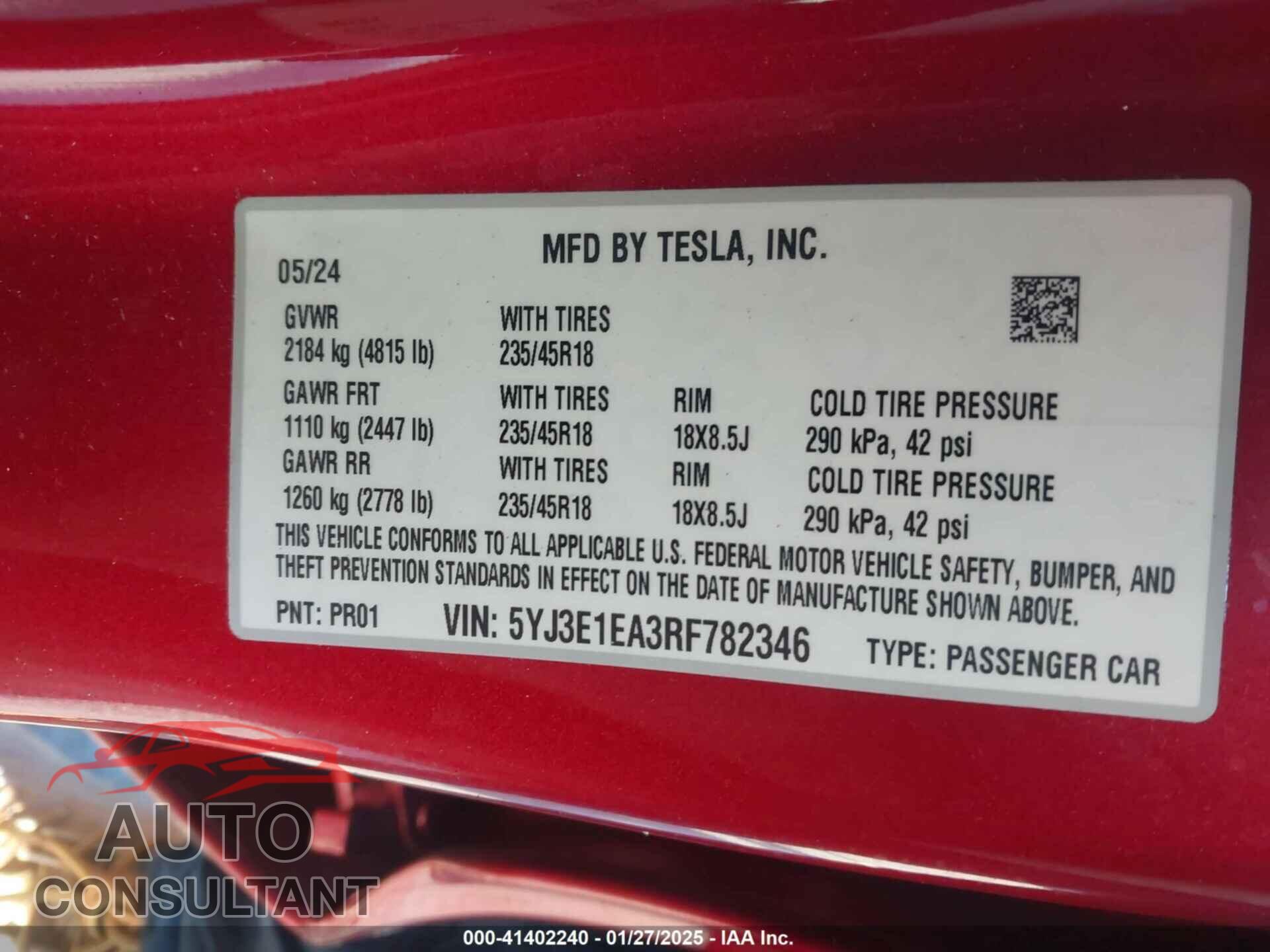 TESLA MODEL 3 2024 - 5YJ3E1EA3RF782346