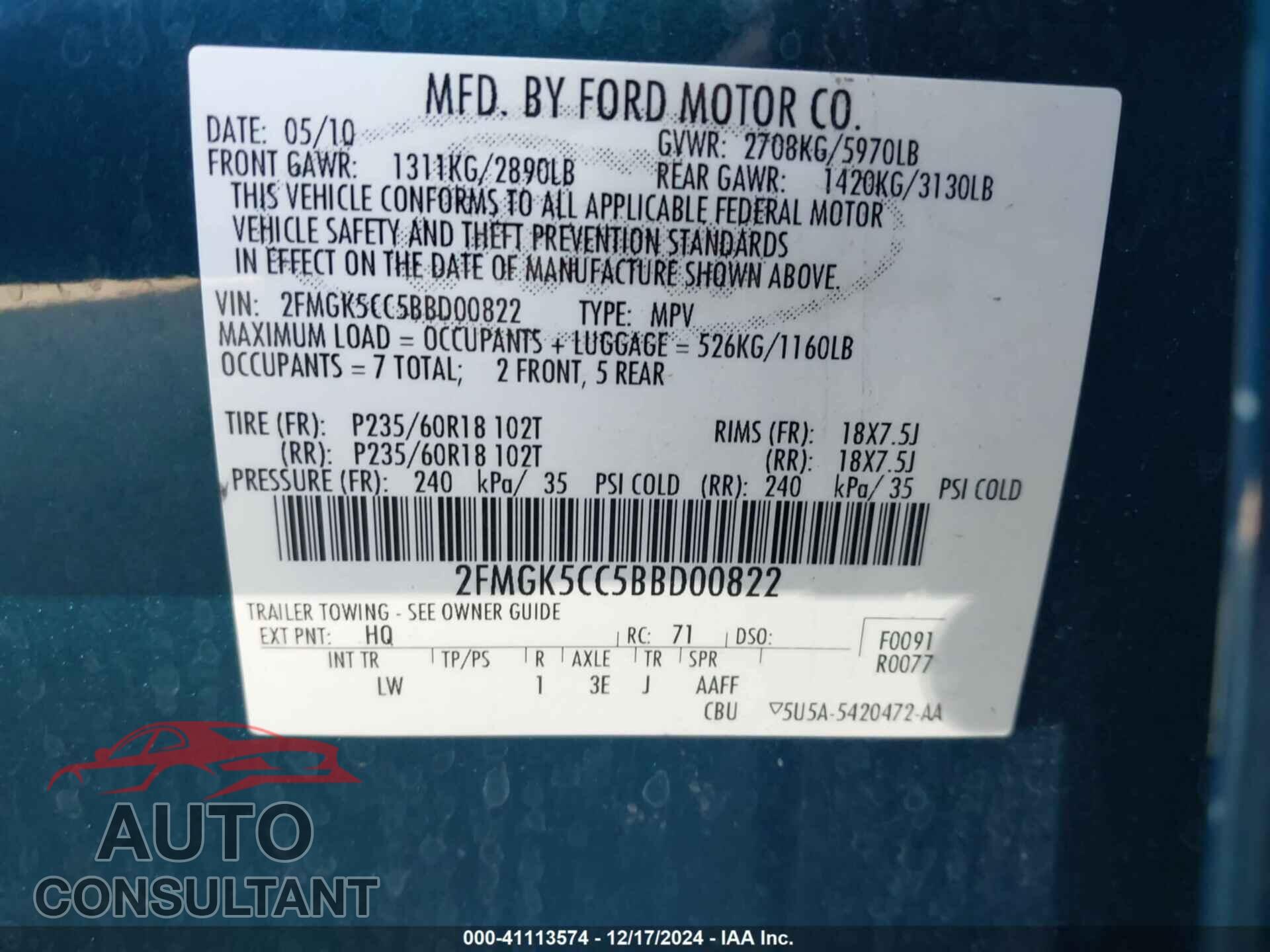 FORD FLEX 2011 - 2FMGK5CC5BBD00822