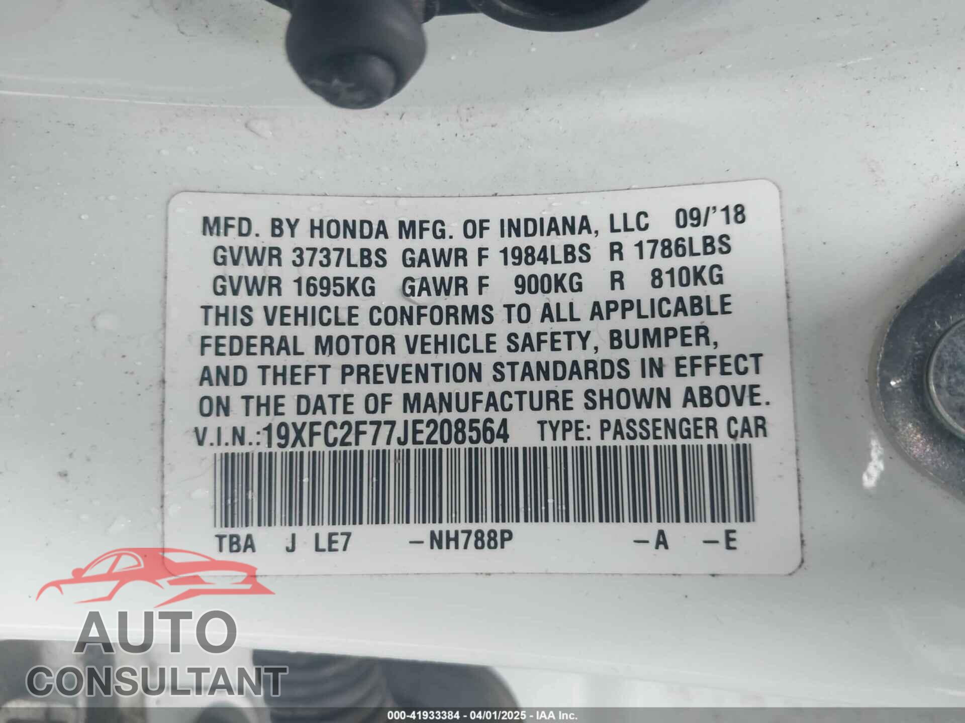 HONDA CIVIC 2018 - 19XFC2F77JE208564