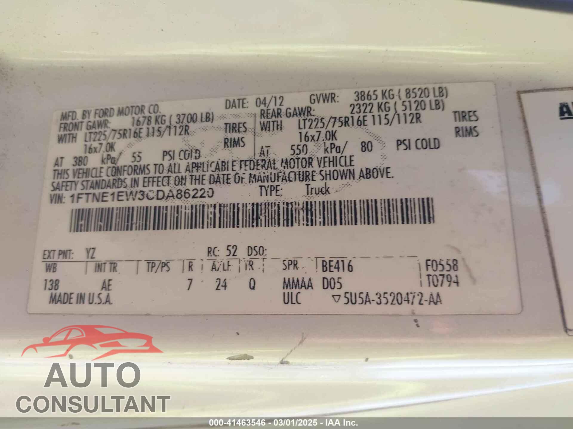 FORD E-150 2012 - 1FTNE1EW3CDA86220