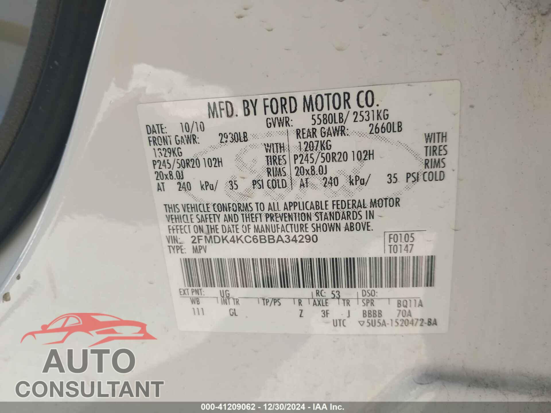 FORD EDGE 2011 - 2FMDK4KC6BBA34290