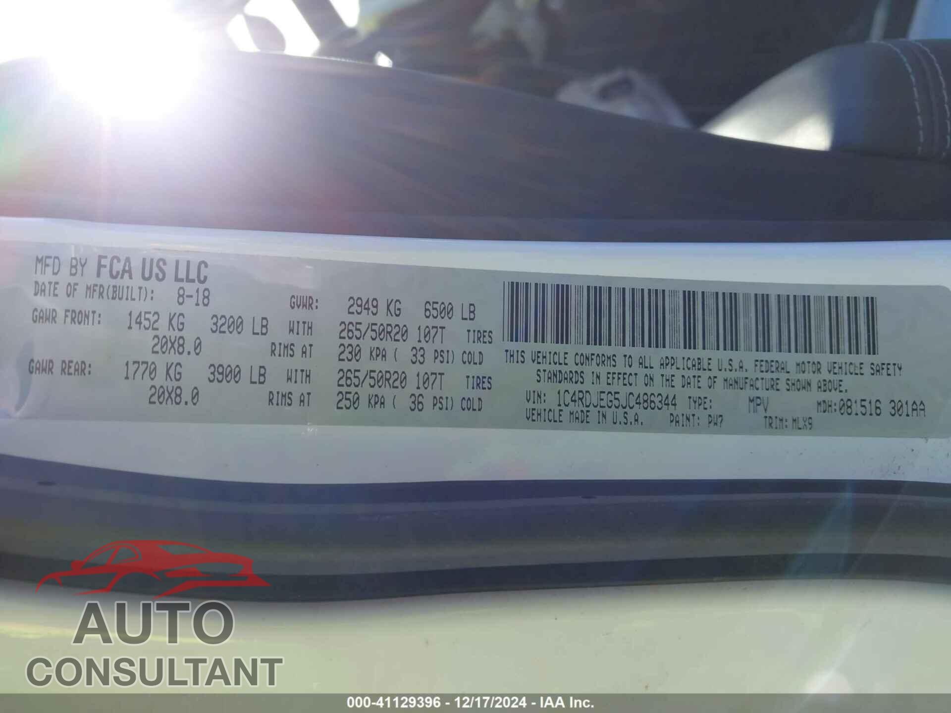DODGE DURANGO 2018 - 1C4RDJEG5JC486344