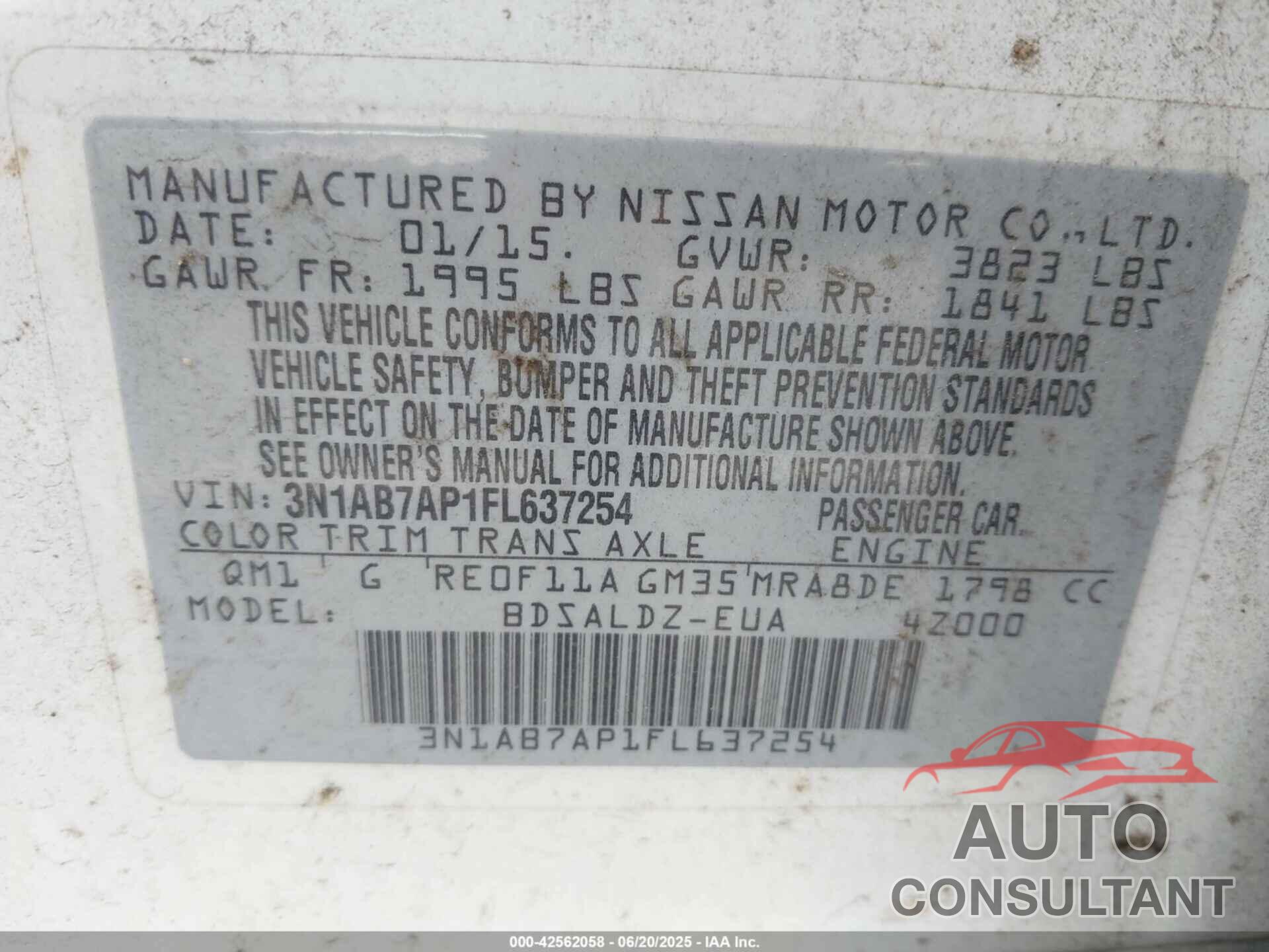 NISSAN SENTRA 2015 - 3N1AB7AP1FL637254