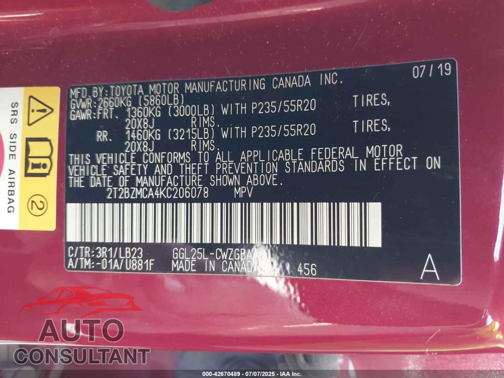 LEXUS RX 350 2019 - 2T2BZMCA4KC206078