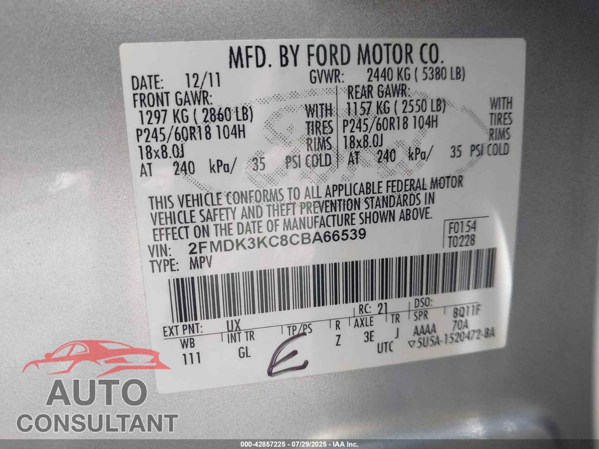 FORD EDGE 2012 - 2FMDK3KC8CBA66539