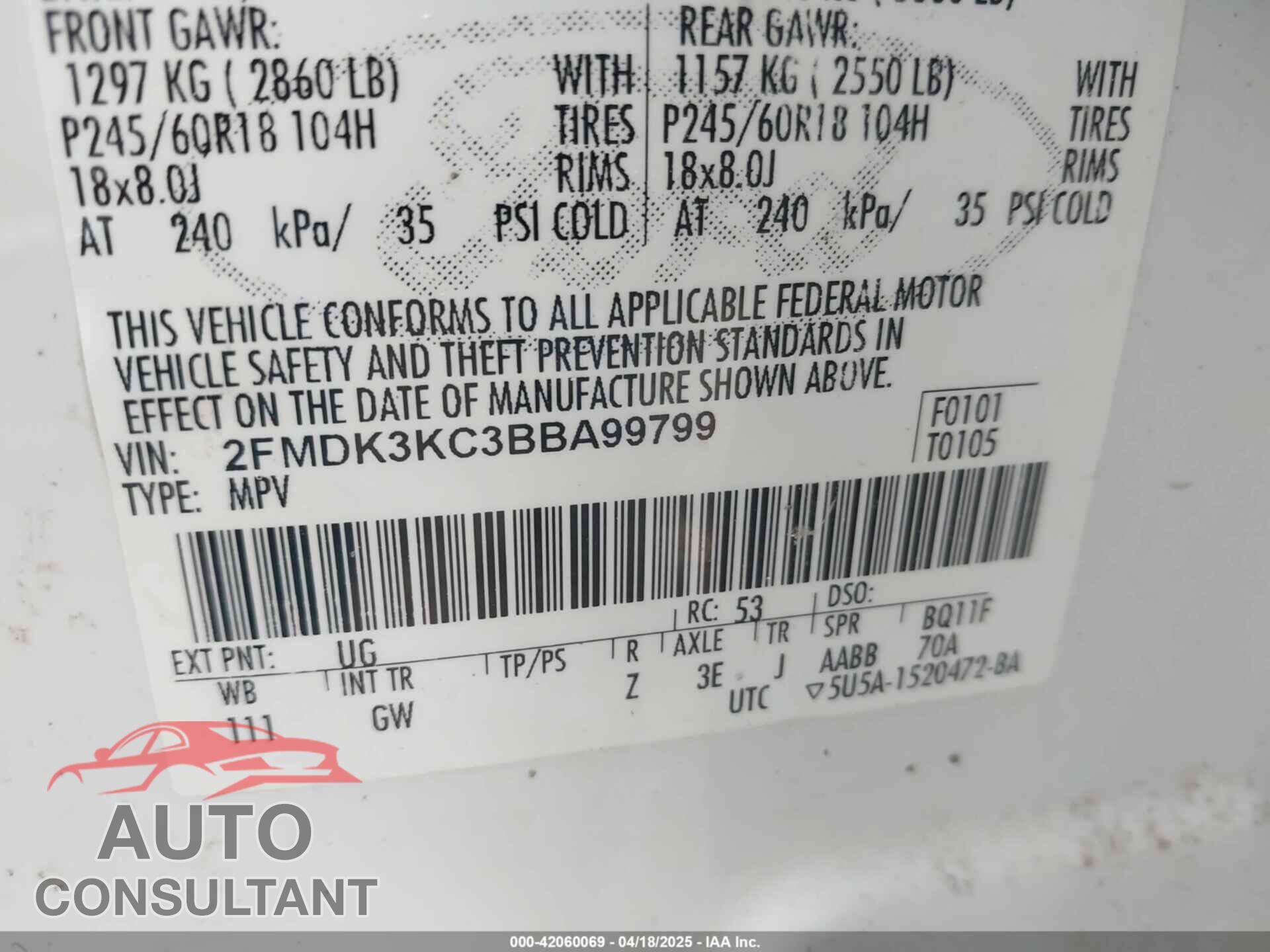 FORD EDGE 2011 - 2FMDK3KC7B8A99799