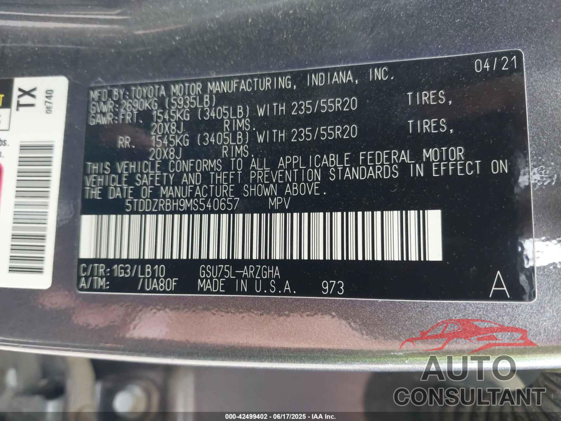 TOYOTA HIGHLANDER 2021 - 5TDDZRBH9MS540657