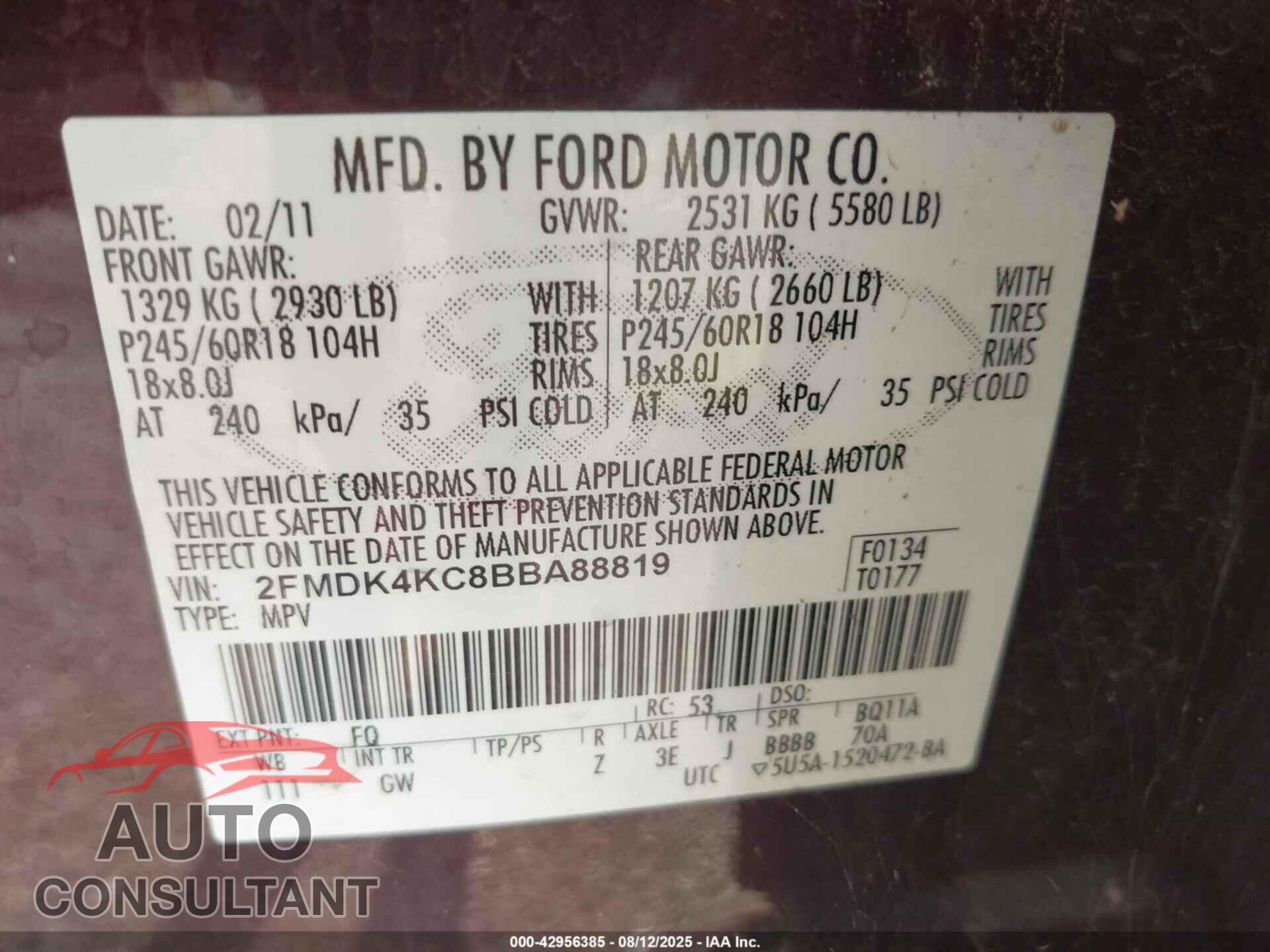 FORD EDGE 2011 - 2FMDK4KC8BBA88819