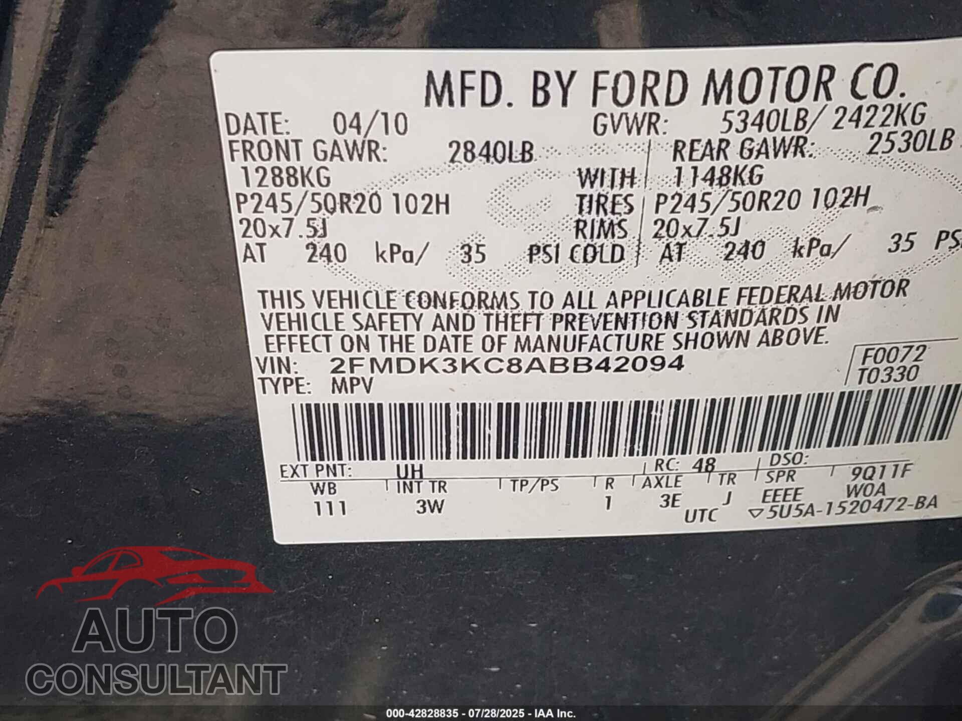 FORD EDGE 2010 - 2FMDK3KC8ABB42094