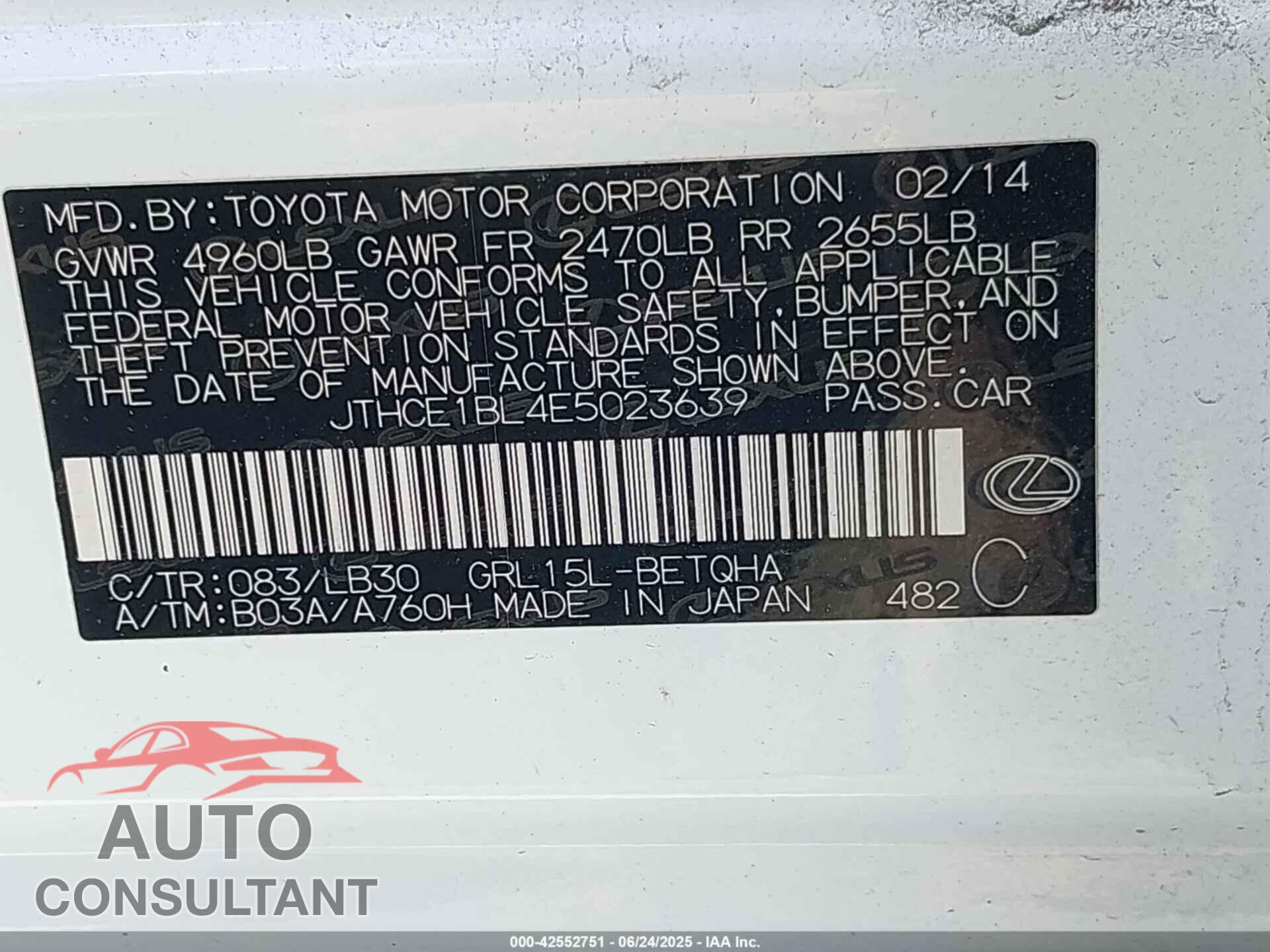 LEXUS GS 2014 - JTHCE1BL4E5023639