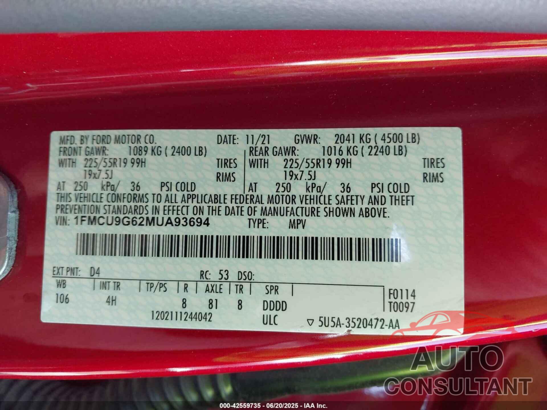 FORD ESCAPE 2021 - 1FMCU9G62MUA93694