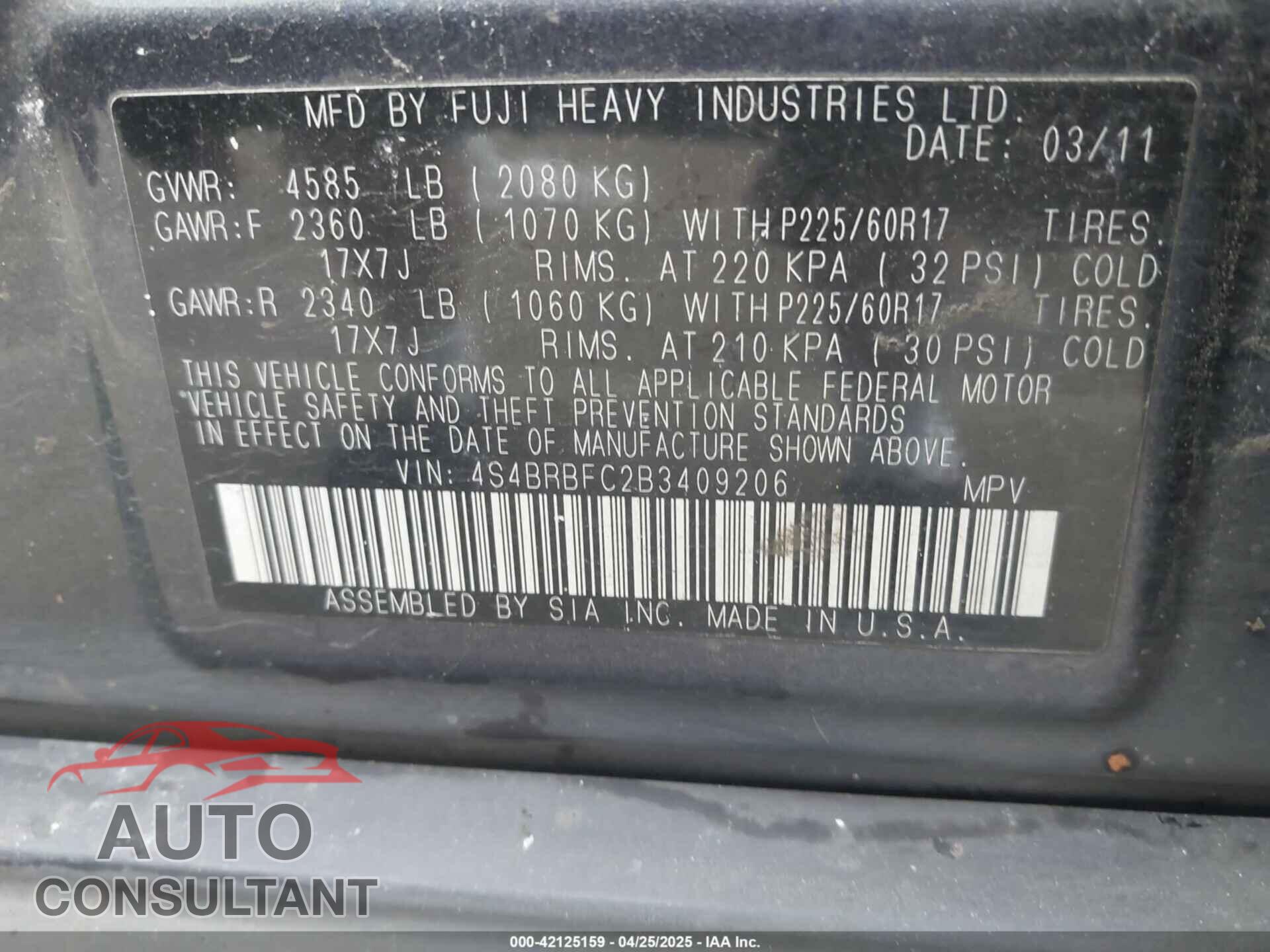 SUBARU OUTBACK 2011 - 4S4BRBFC2B3409206