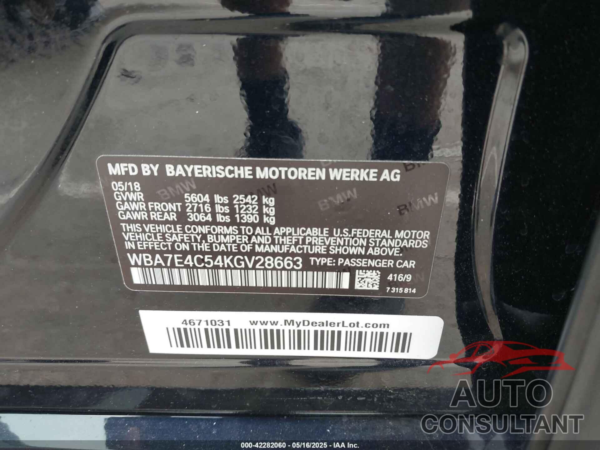BMW 740I 2019 - WBA7E4C54KGV28663