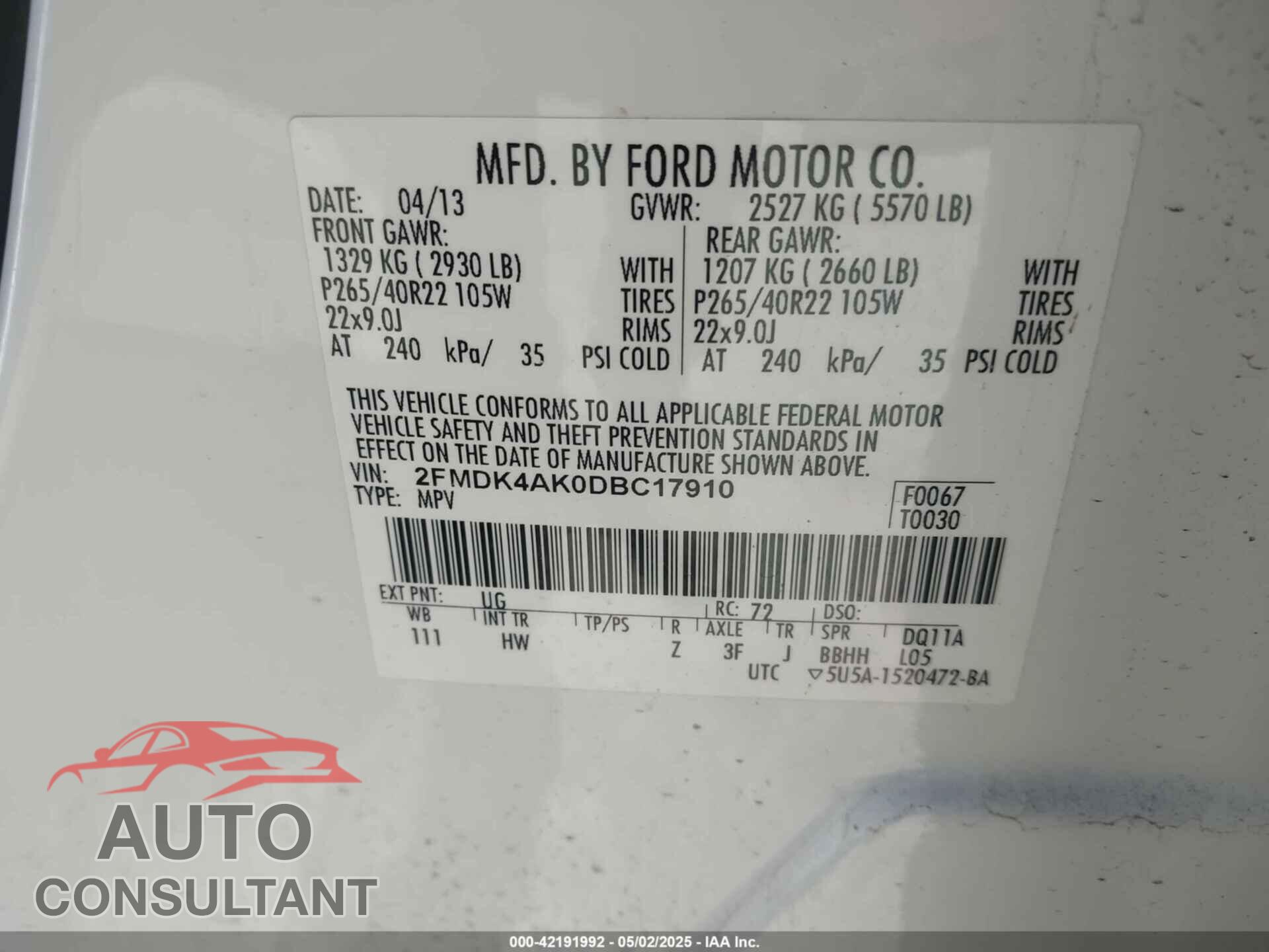 FORD EDGE 2013 - 2FMDK4AK0DBC17910