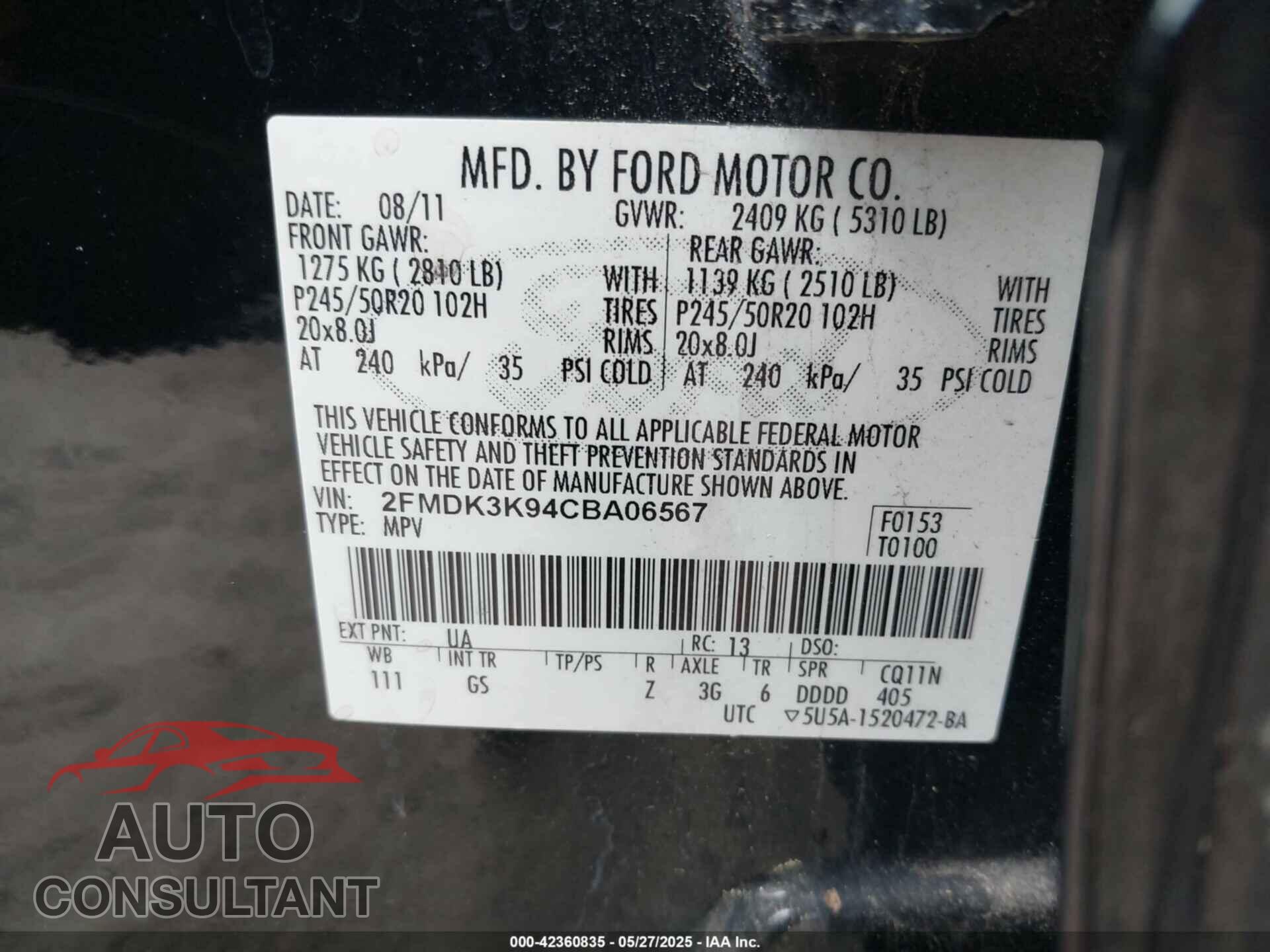 FORD EDGE 2012 - 2FMDK3K94CBA06567