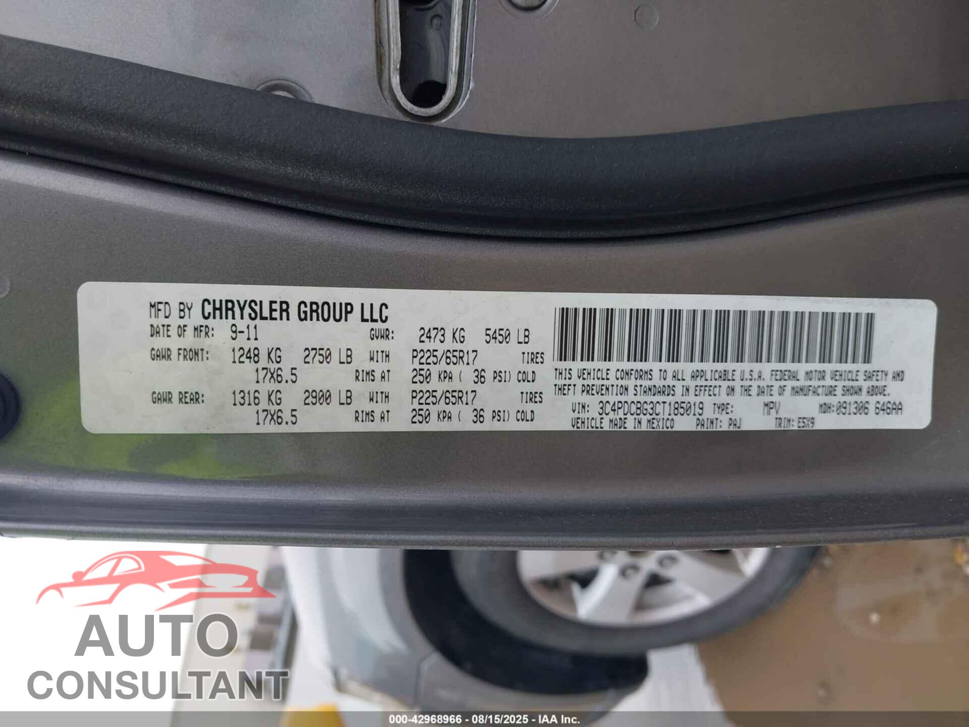 DODGE JOURNEY 2012 - 3C4PDCBG3CT185019