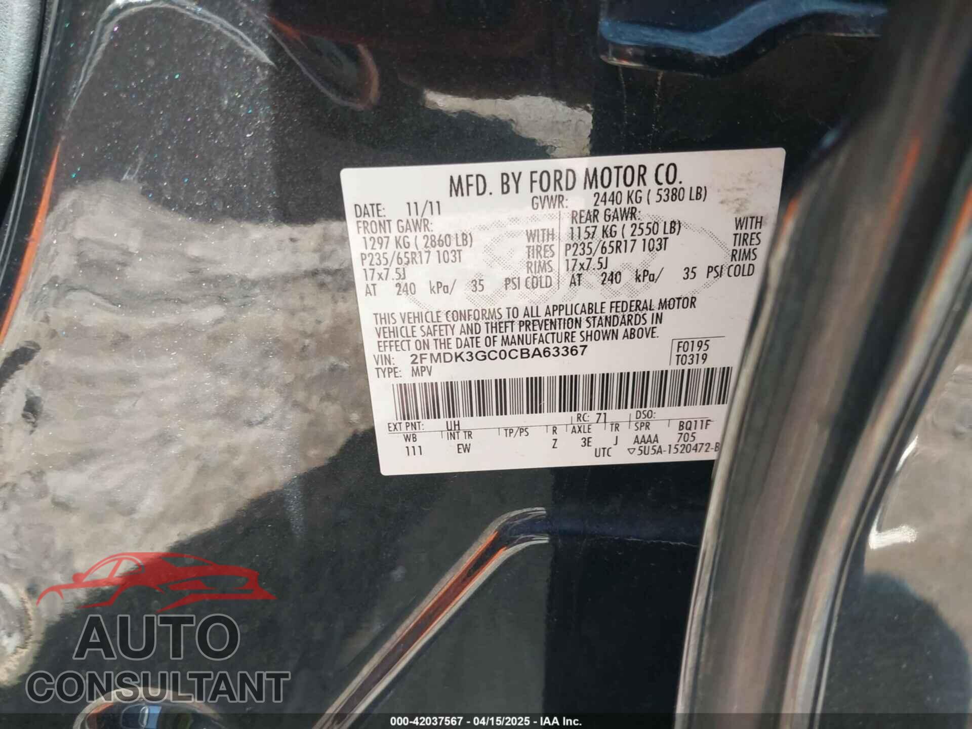 FORD EDGE 2012 - 2FMDK3GC0CBA63367