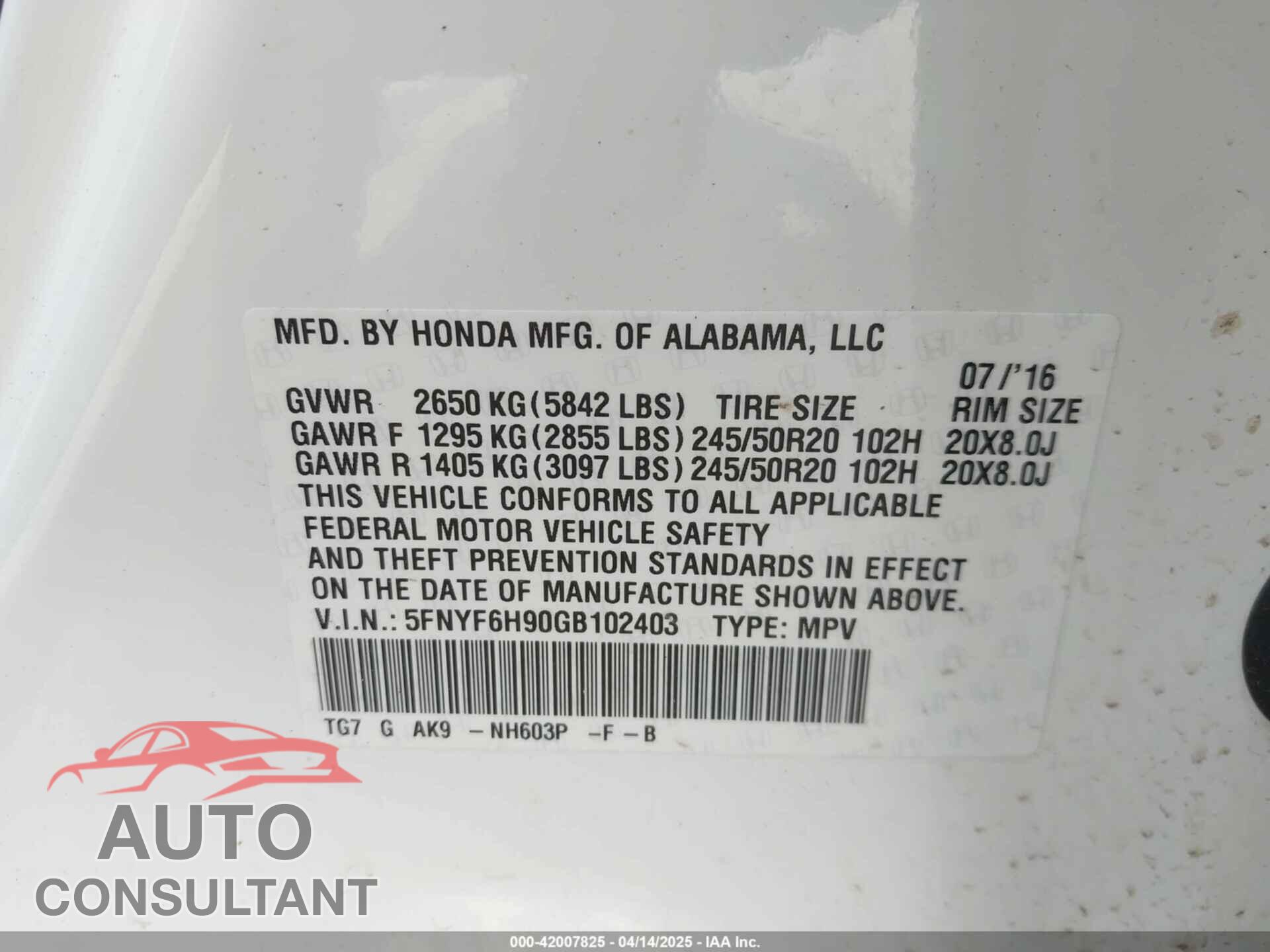 HONDA PILOT 2016 - 5FNYF6H90GB102403