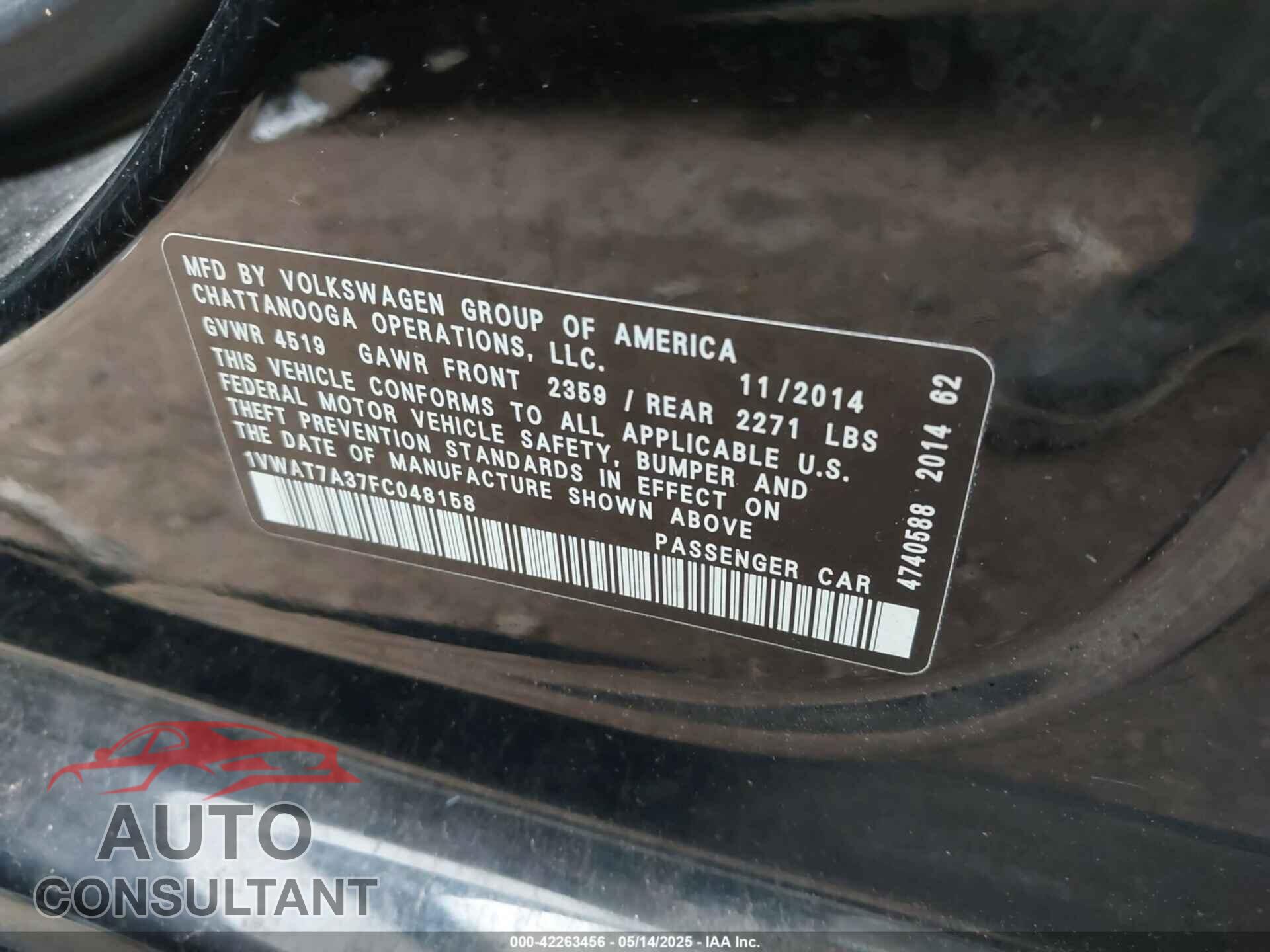 VOLKSWAGEN PASSAT 2015 - 1VWAT7A37FC048158