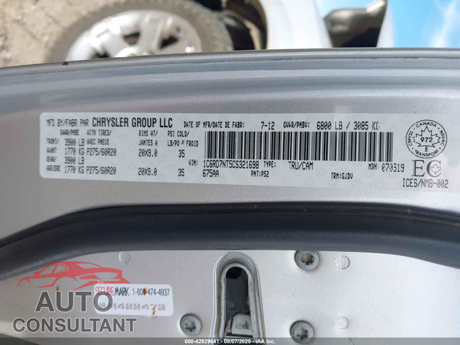 RAM 1500 2012 - 1C6RD7NT5CS321698
