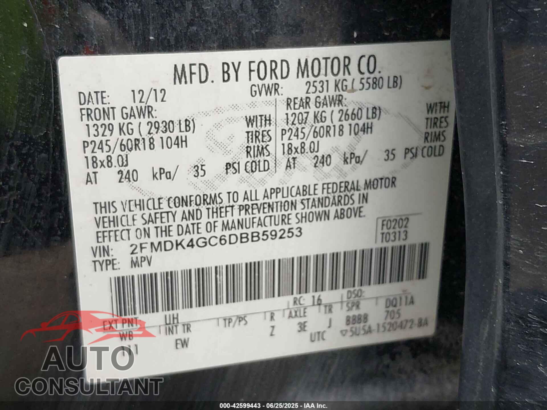 FORD EDGE 2013 - 2FMDK4GC6DBB59253