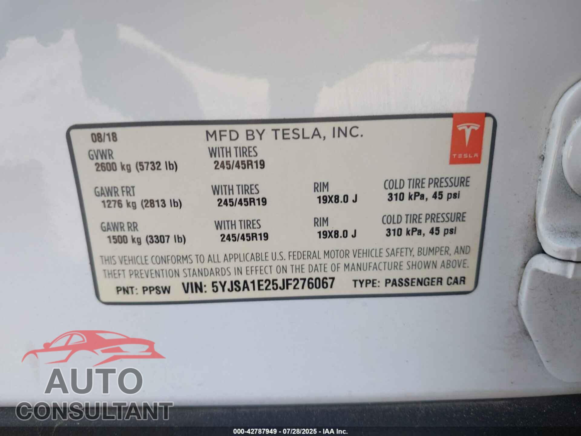 TESLA MODEL S 2018 - 5YJSA1E25JF276067