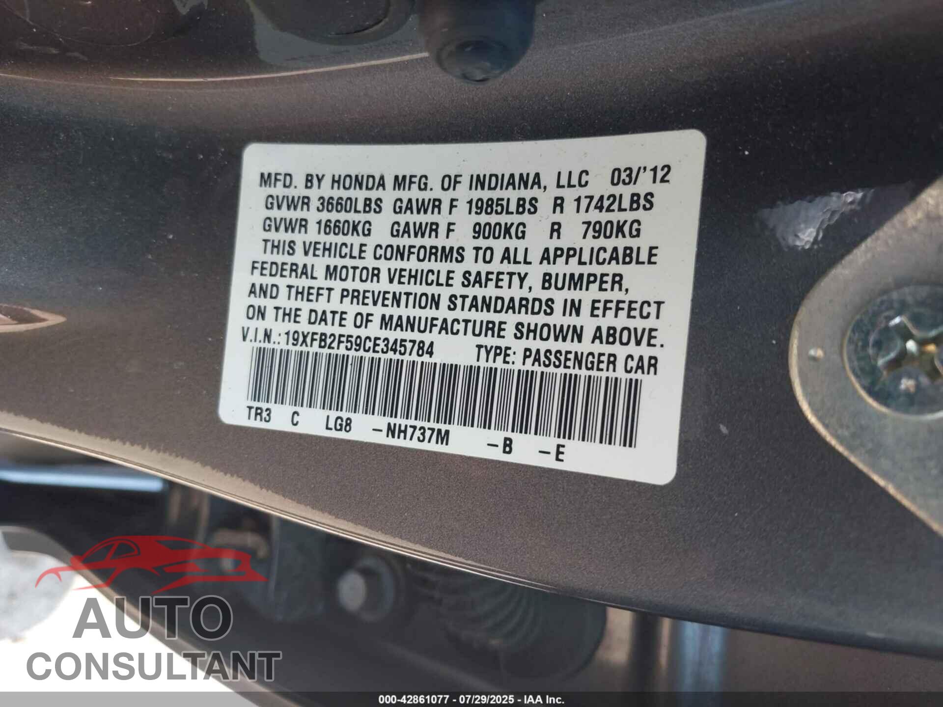 HONDA CIVIC 2012 - 19XFB2F59CE345784