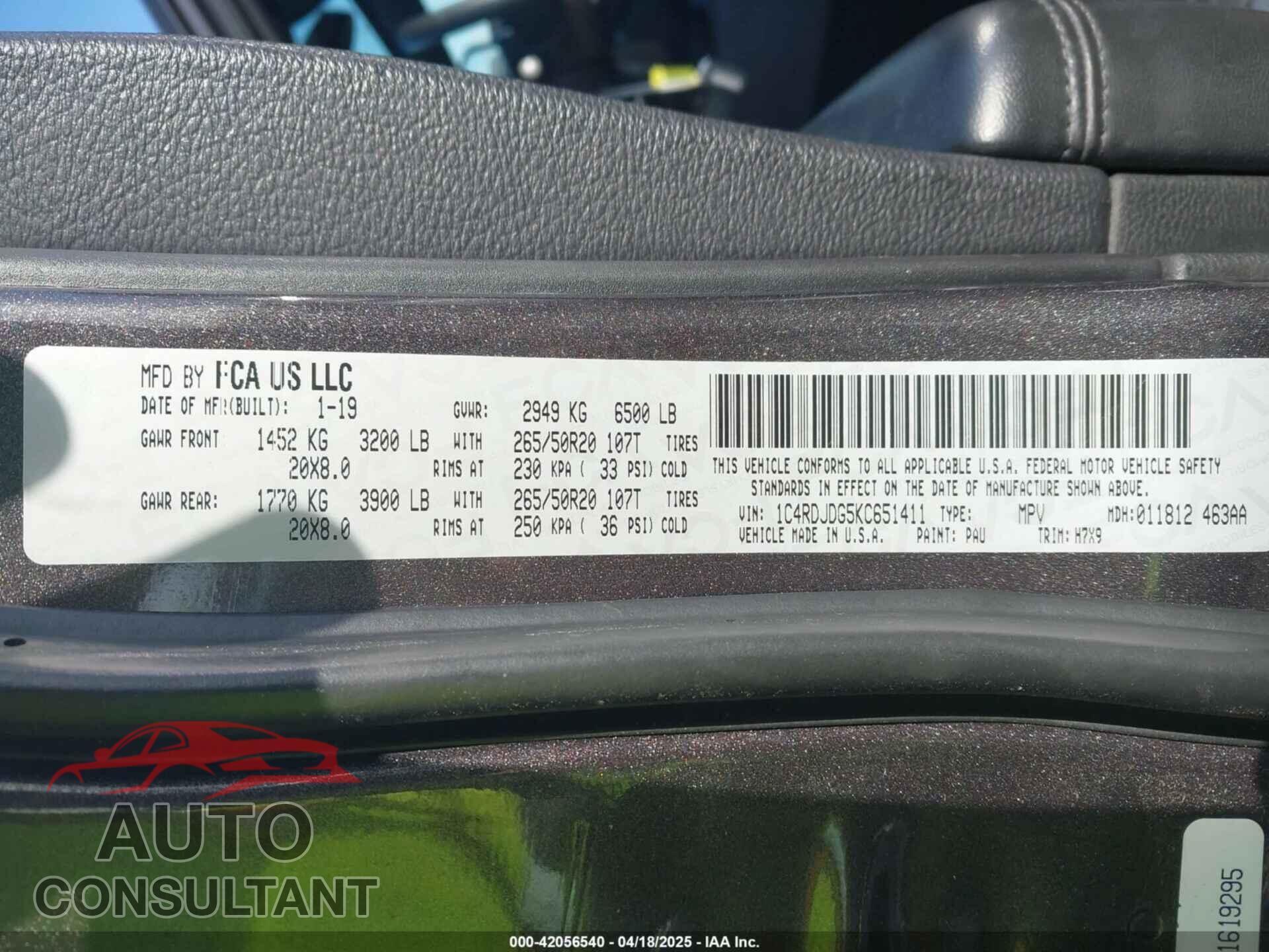 DODGE DURANGO 2019 - 1C4RDJDG5KC651411