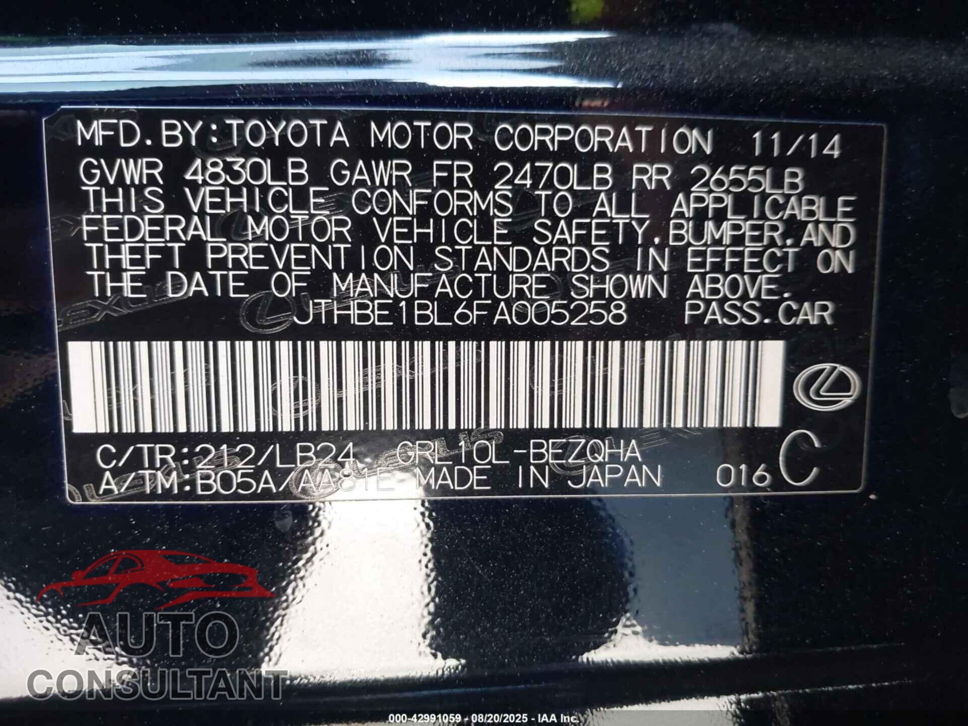 LEXUS GS 350 2015 - JTHBE1BL6FA005258