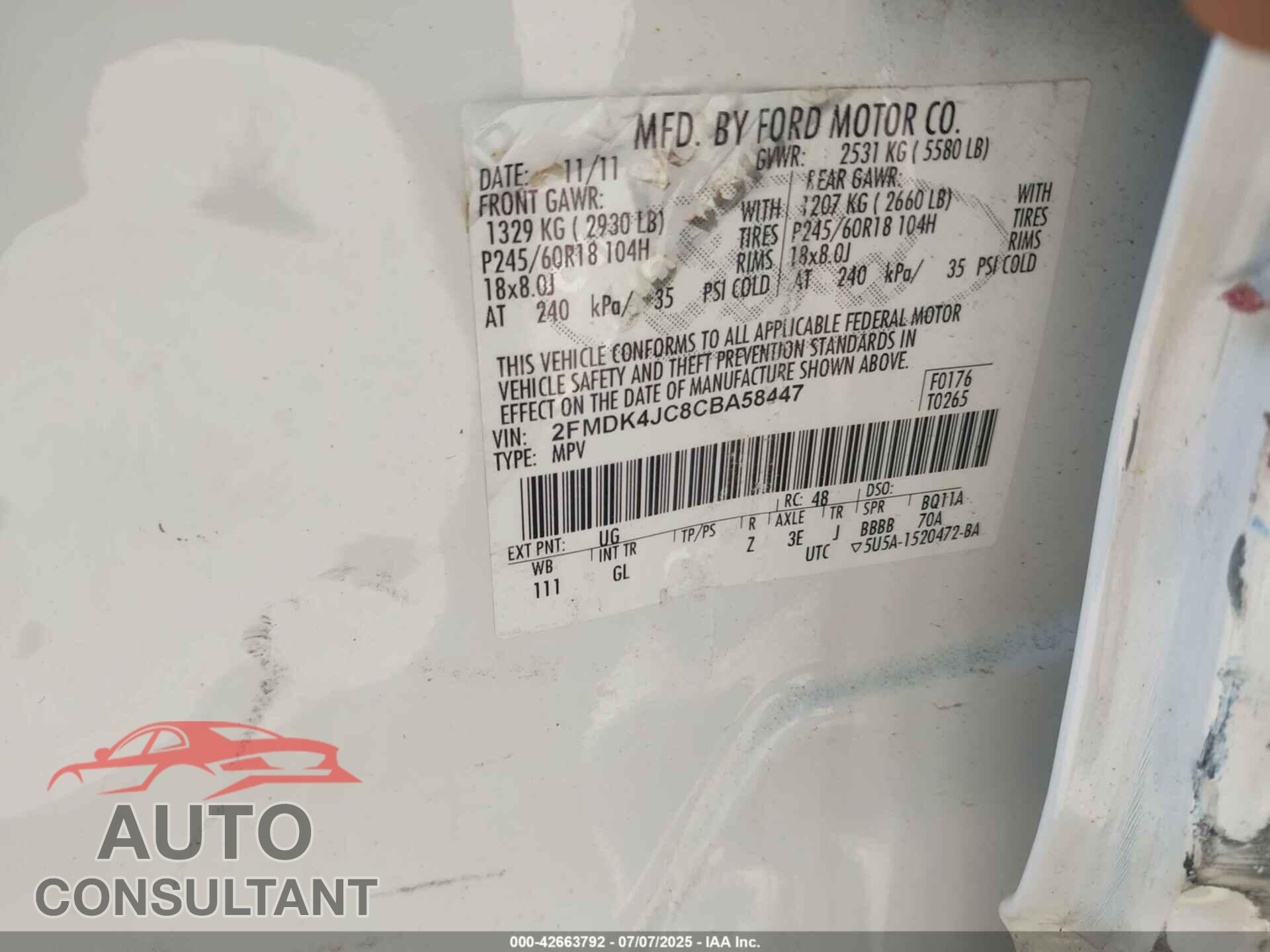 FORD EDGE 2012 - 2FMDK4JC8CBA58447