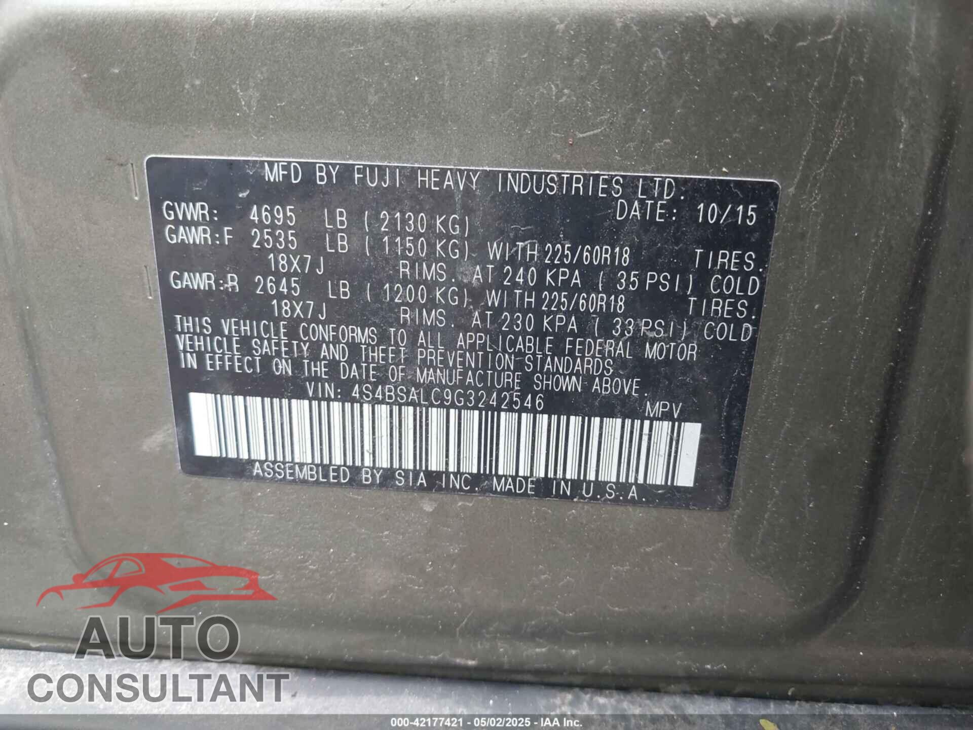 SUBARU OUTBACK 2016 - 4S4BSALC9G3242546